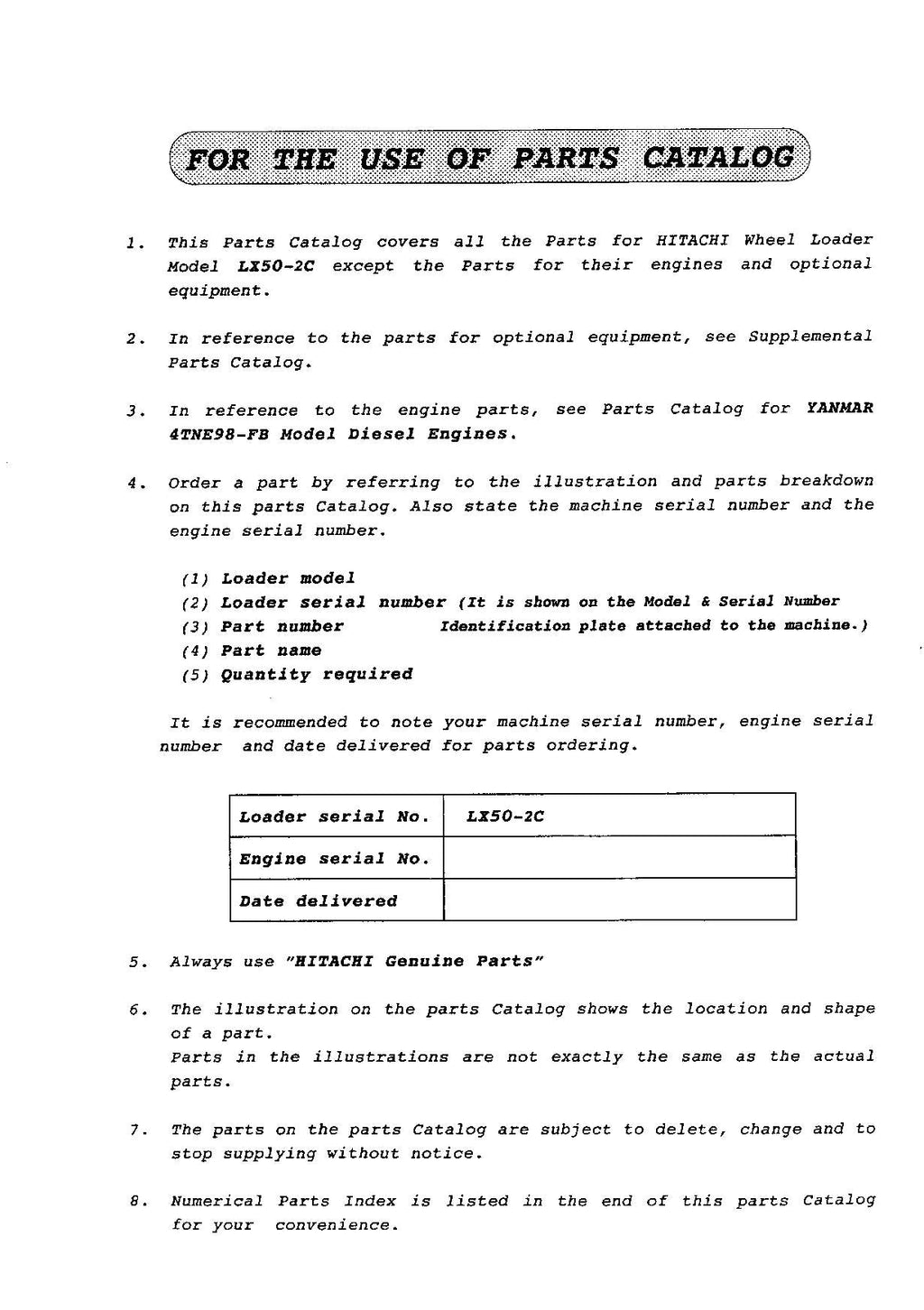 Hitachi LX50-2C Wheel Loader Parts Catalog Manual SN all