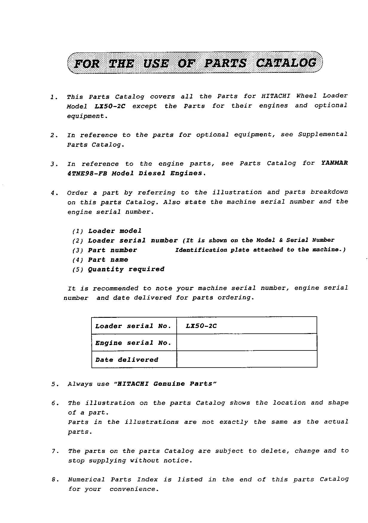Hitachi LX50-2C Wheel Loader Parts Catalog Manual SN all