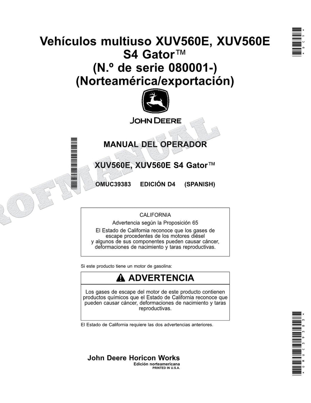 John Deere XUV560E XUV560E S4 cocodrilo Manual del Operador Español SN 080001-