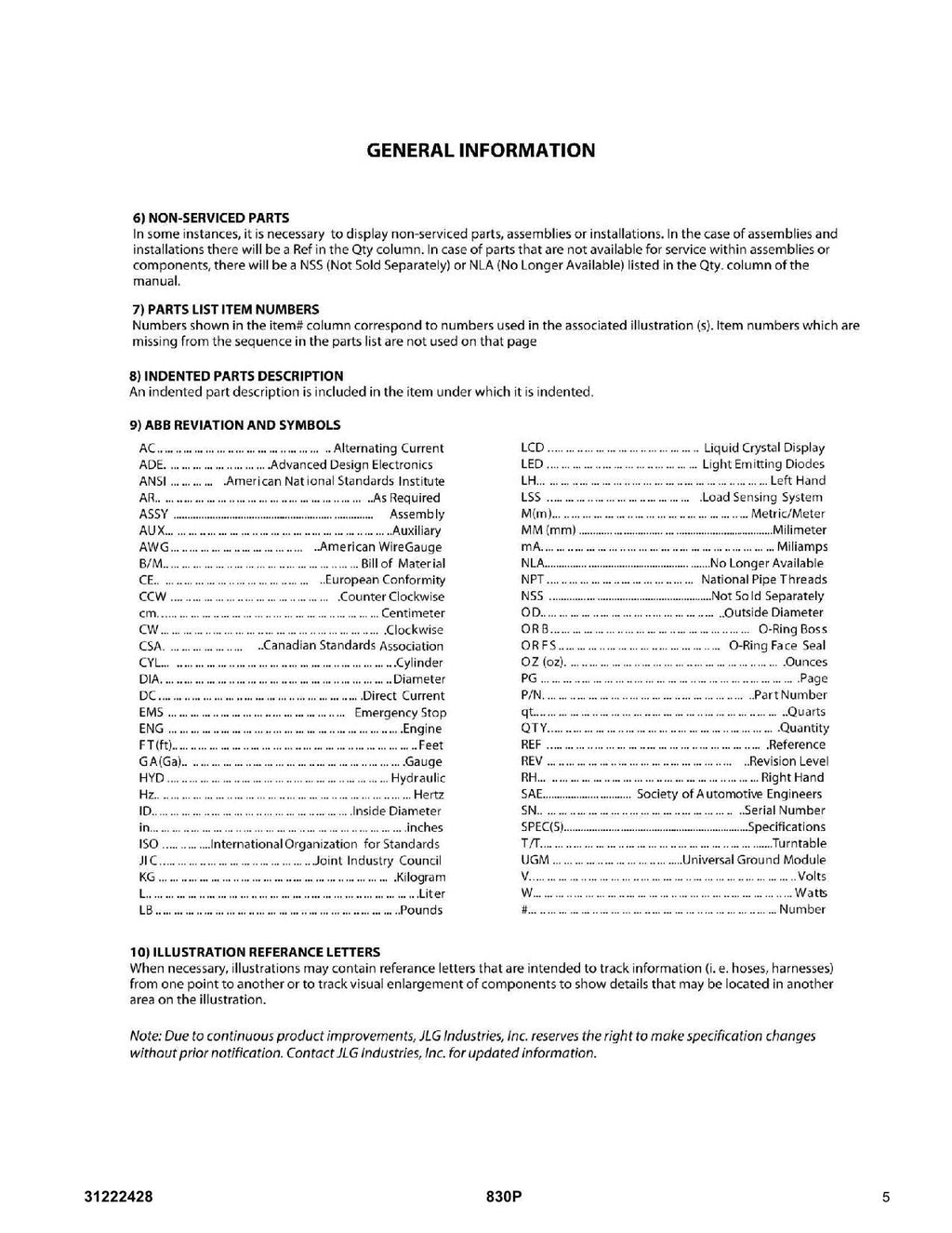 JLG 830P Vertical Mast Parts Catalog Manual Prior to P900020745