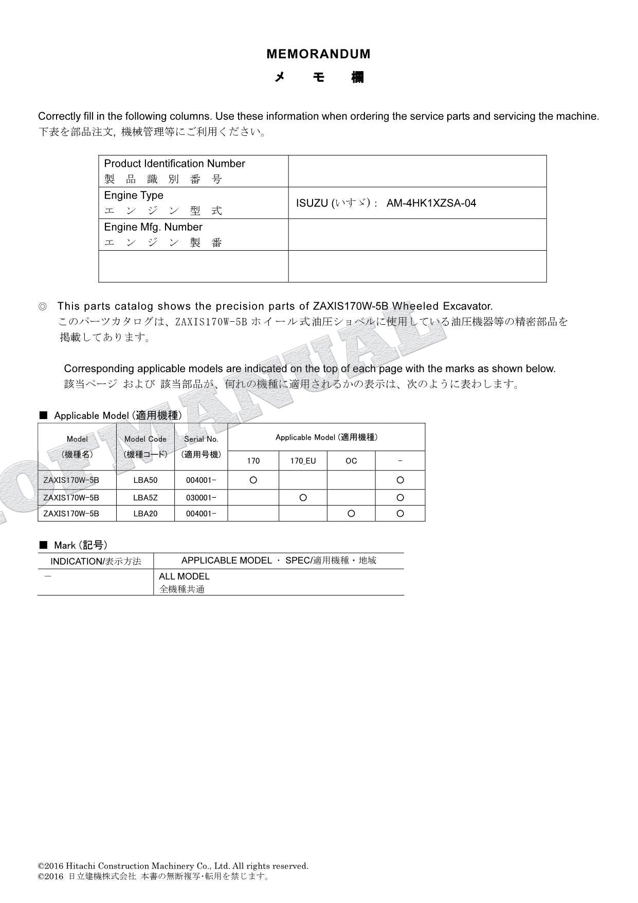 HITACHI ZAXIS ZX170W-5B Equipment Component Excavator Parts Catalog Manual