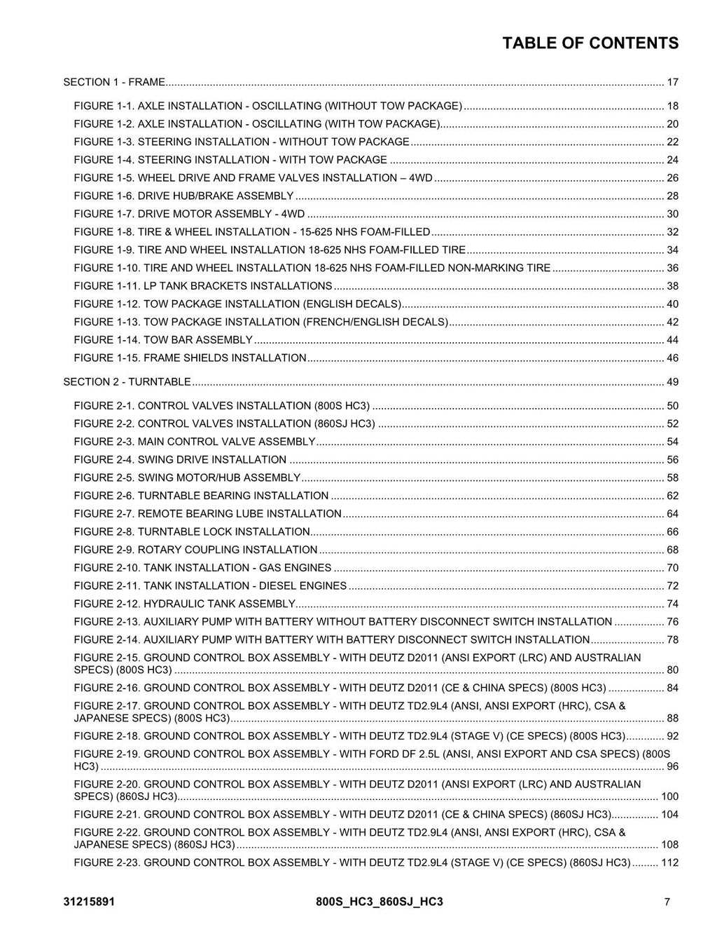 JLG 800S HC3 860SJ HC3 Boom Lift Parts Catalog Manual 31215891