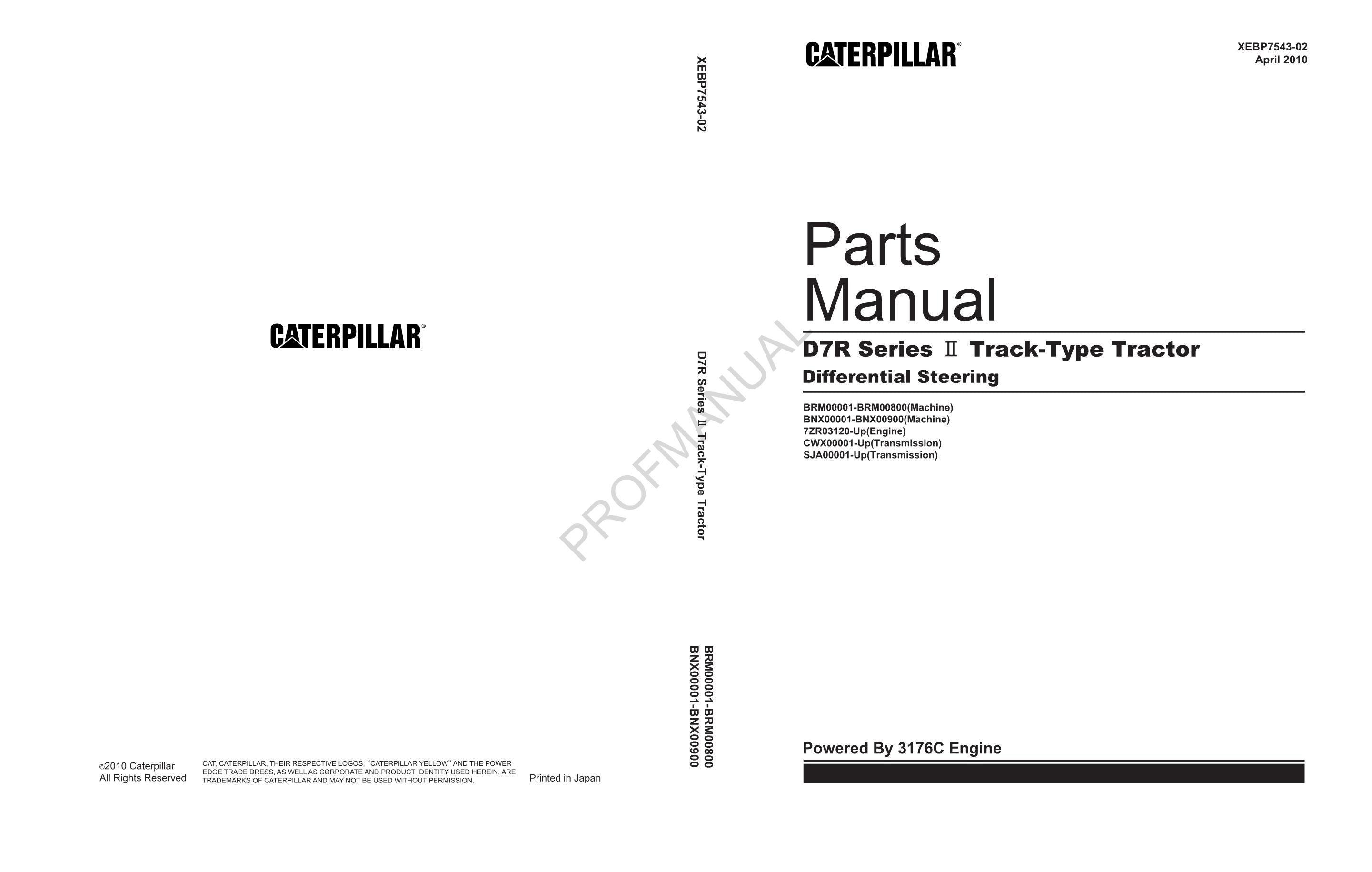 Caterpillar Cat D7R Series II Track Type Tractor Parts Catalog Manual XEBP7543