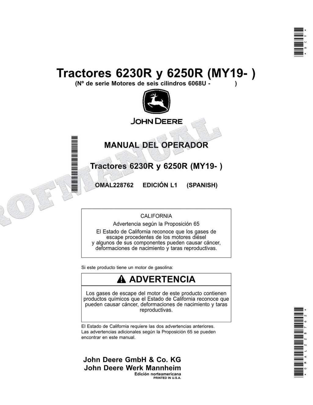 John Deere 6230R 6250R Tractor Manual del Operador Español MY2019-