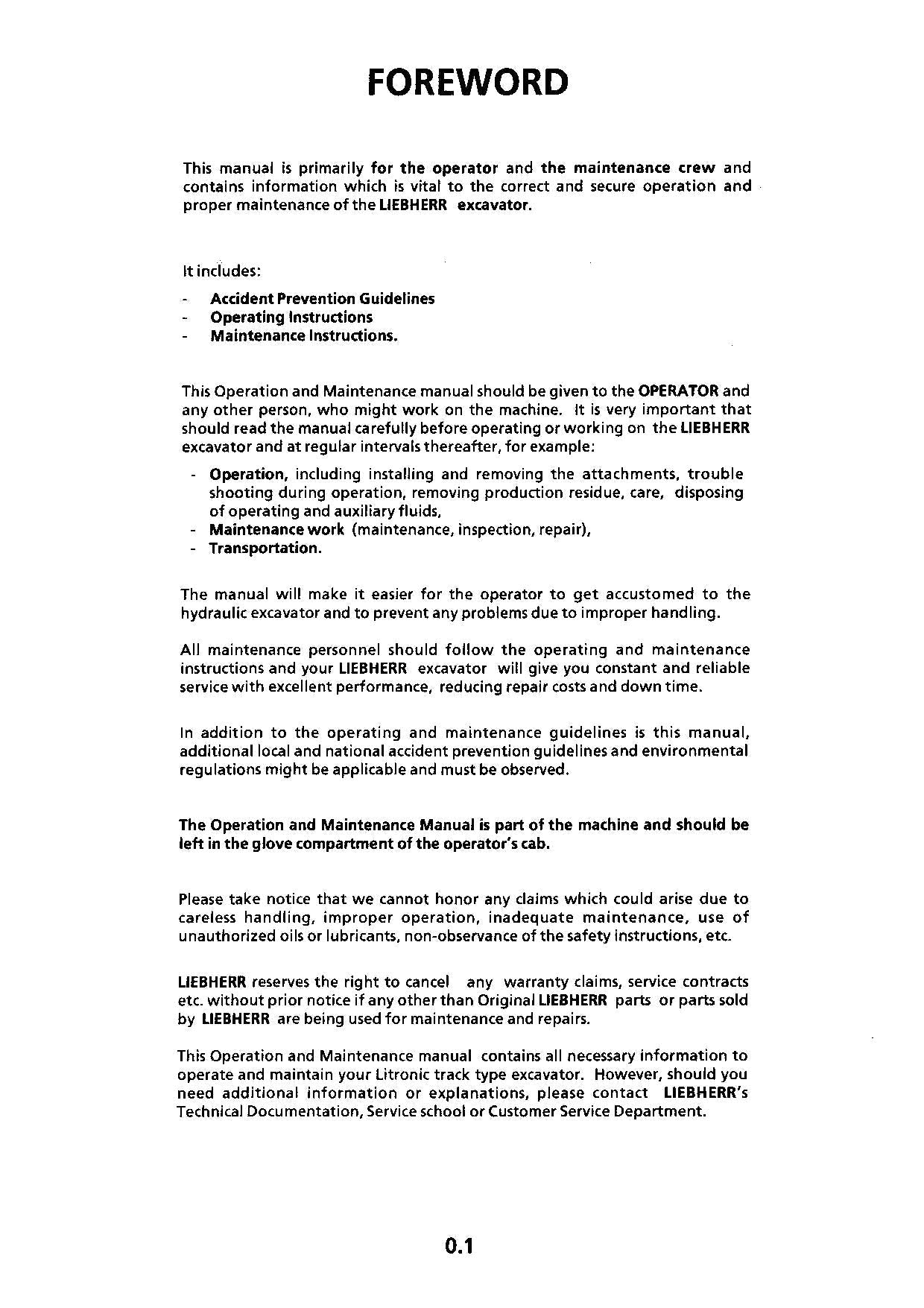 Liebherr R932 Litronic Excavator Operators manual serial 4001