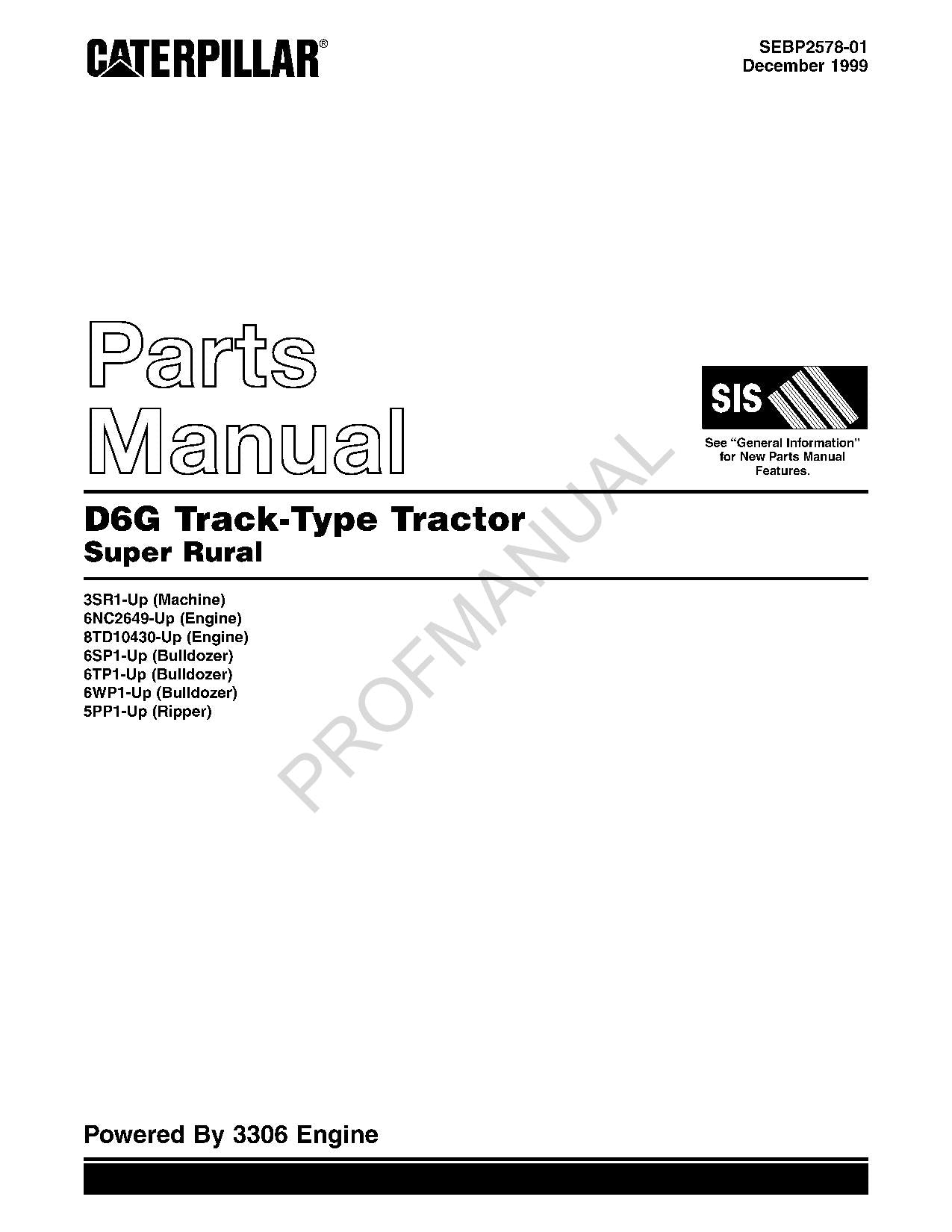 Caterpillar Cat D6G Track Type Tractor Super Rural Parts Catalog Manual SEBP2578