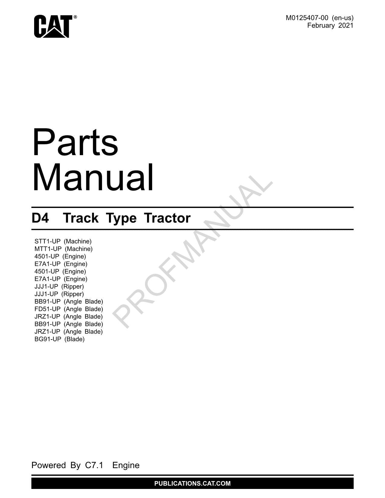 Caterpillar Cat  D4 Track Type Tractor Parts Catalog Manual M0125407