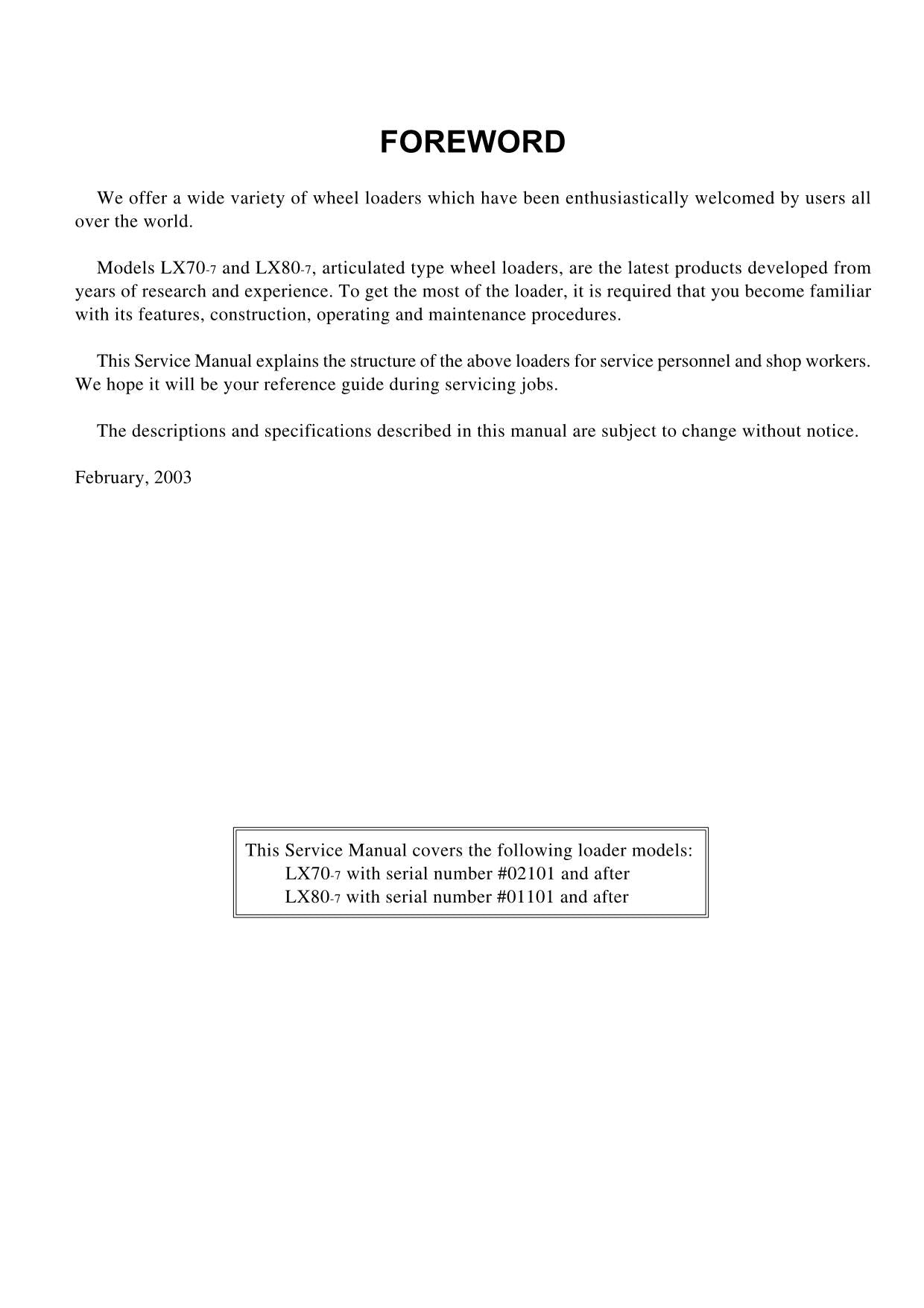 Hitachi LX70-7 LX80-7 Wheel Loader Technical Manual +Schematics T077E-00