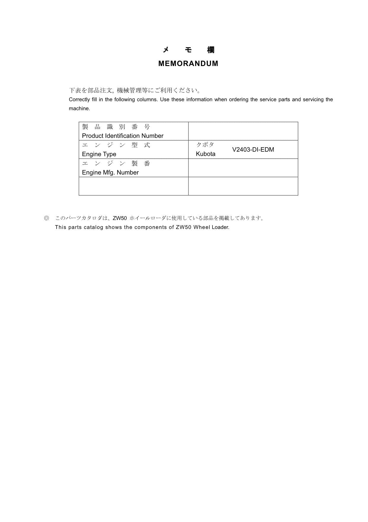 Hitachi ZW50 Wheel Loader Parts Catalog Manual SN 000101-up