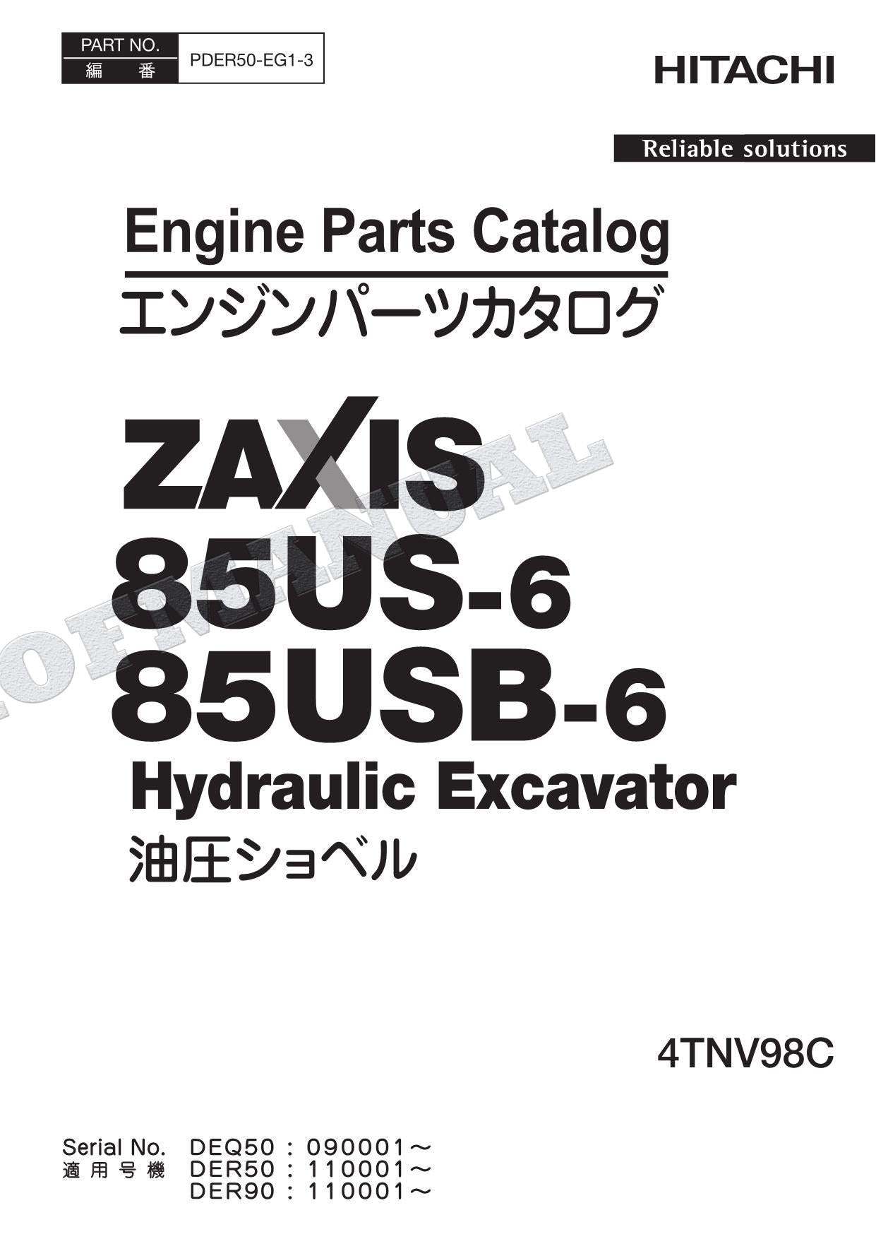 HITACHI ZAXIS ZX85US-6 ZX85USB-6 Engine Parts Catalog Manual