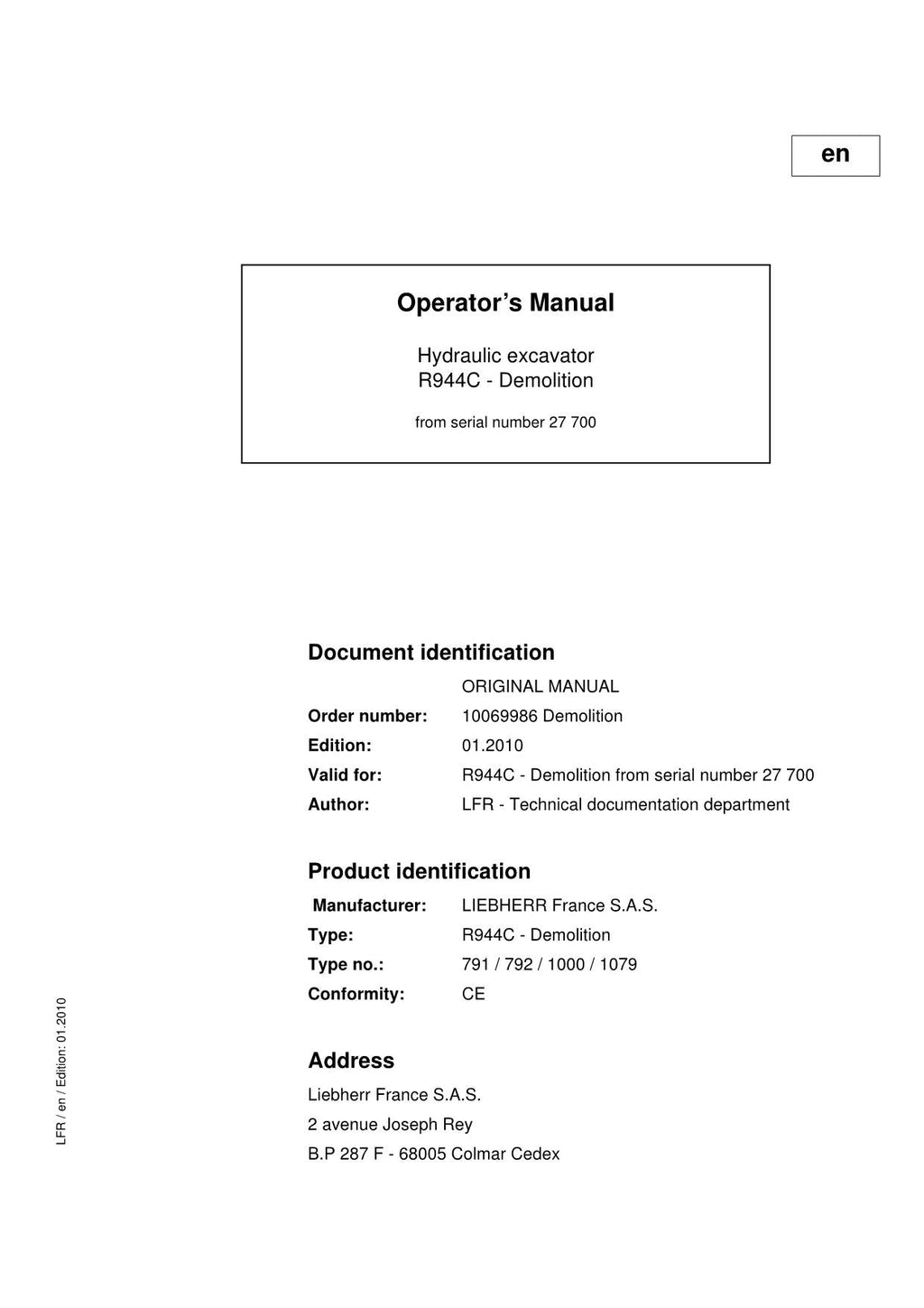 Liebherr R944 C Demolition Excavator Operators manual serial 27700