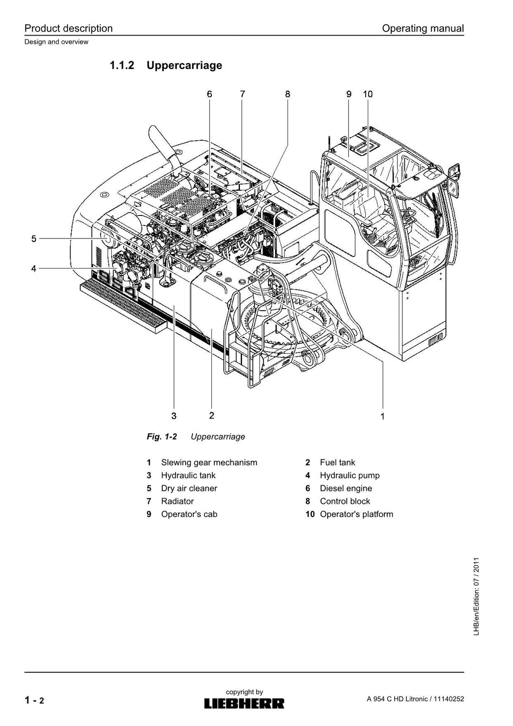 Liebherr A954 C HD Litronic Excavator Operators manual