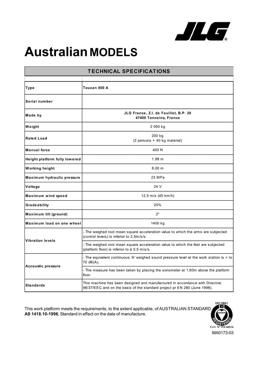 TOUCAN 800 Vertical Lift Maintenance Operation Operators Manual
