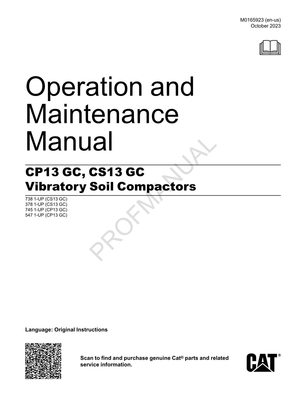 Manual del operador del compactador de suelo vibratorio Caterpillar CP13 GC CS13 GC