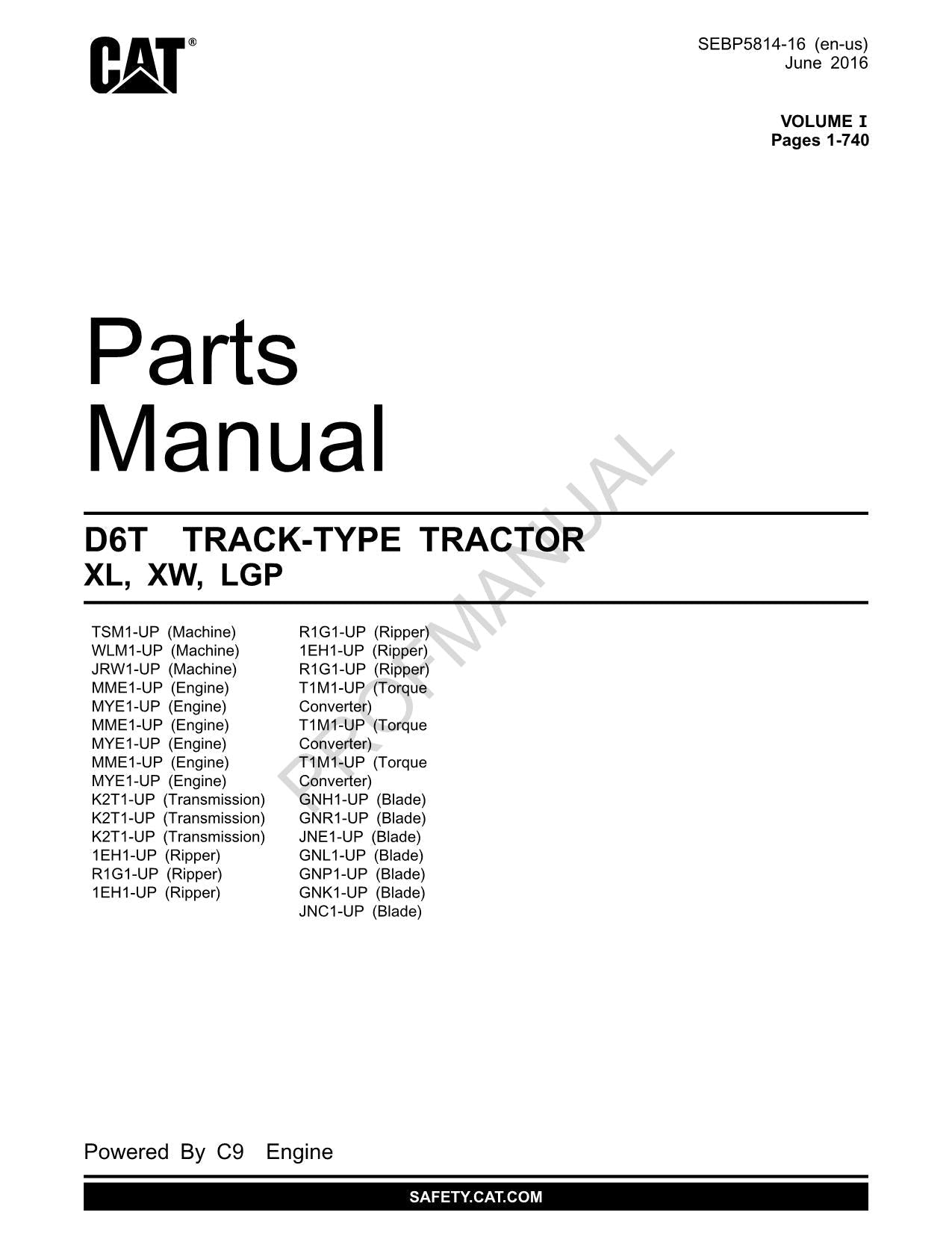 Caterpillar Cat D6T Track Type Tractor XL XW LGP Parts Catalog Manual SEBP5814