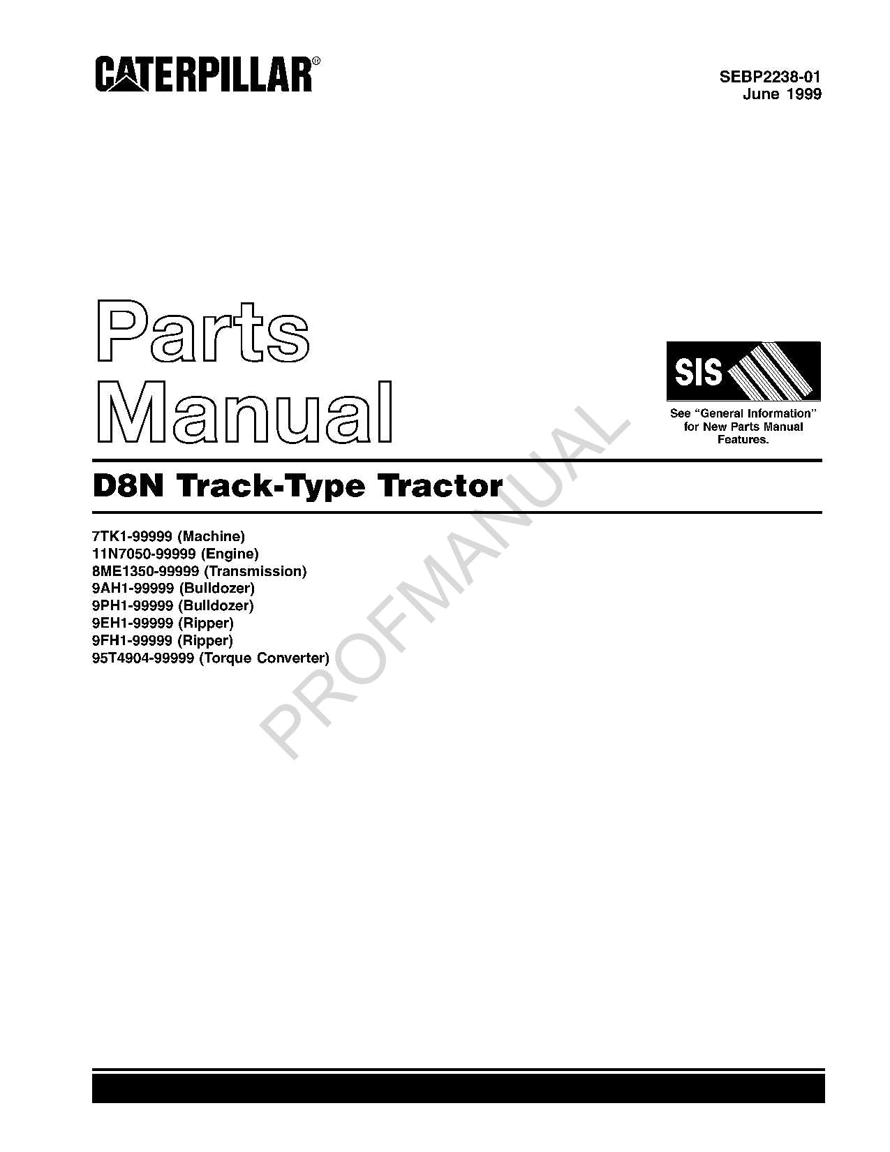 Caterpillar Cat D8N Track Type Tractor Parts Catalog Manual SEBP2238