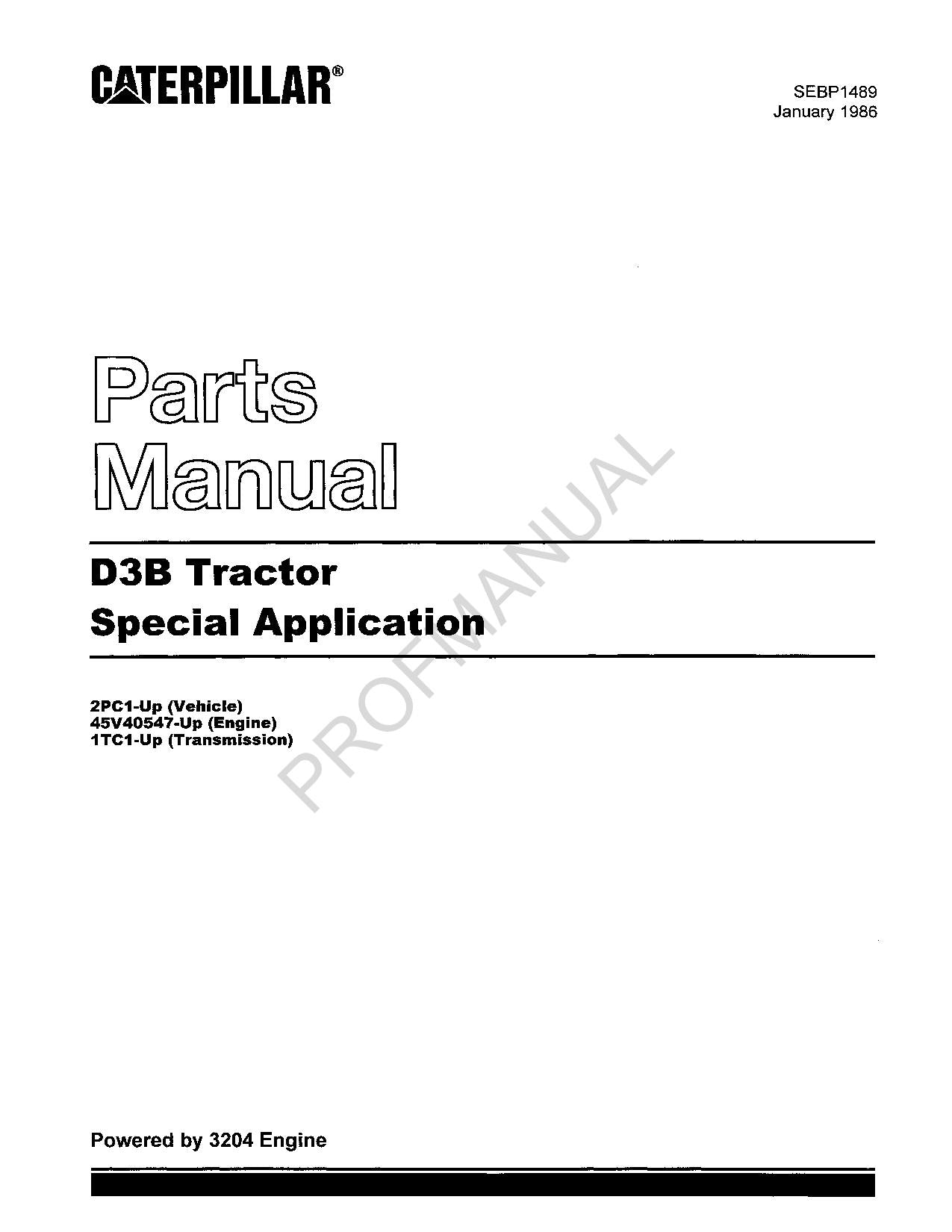 Caterpillar Cat D3B Tractor Special Application Parts Catalog Manual SEBP1489