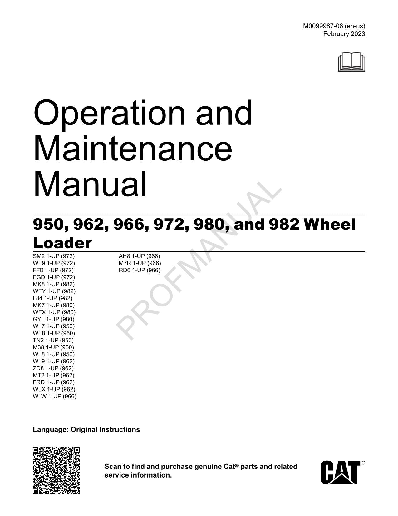 Manual del operador de cargadoras de ruedas Caterpillar 950 962 966 972 980 982 M0099987EN-US