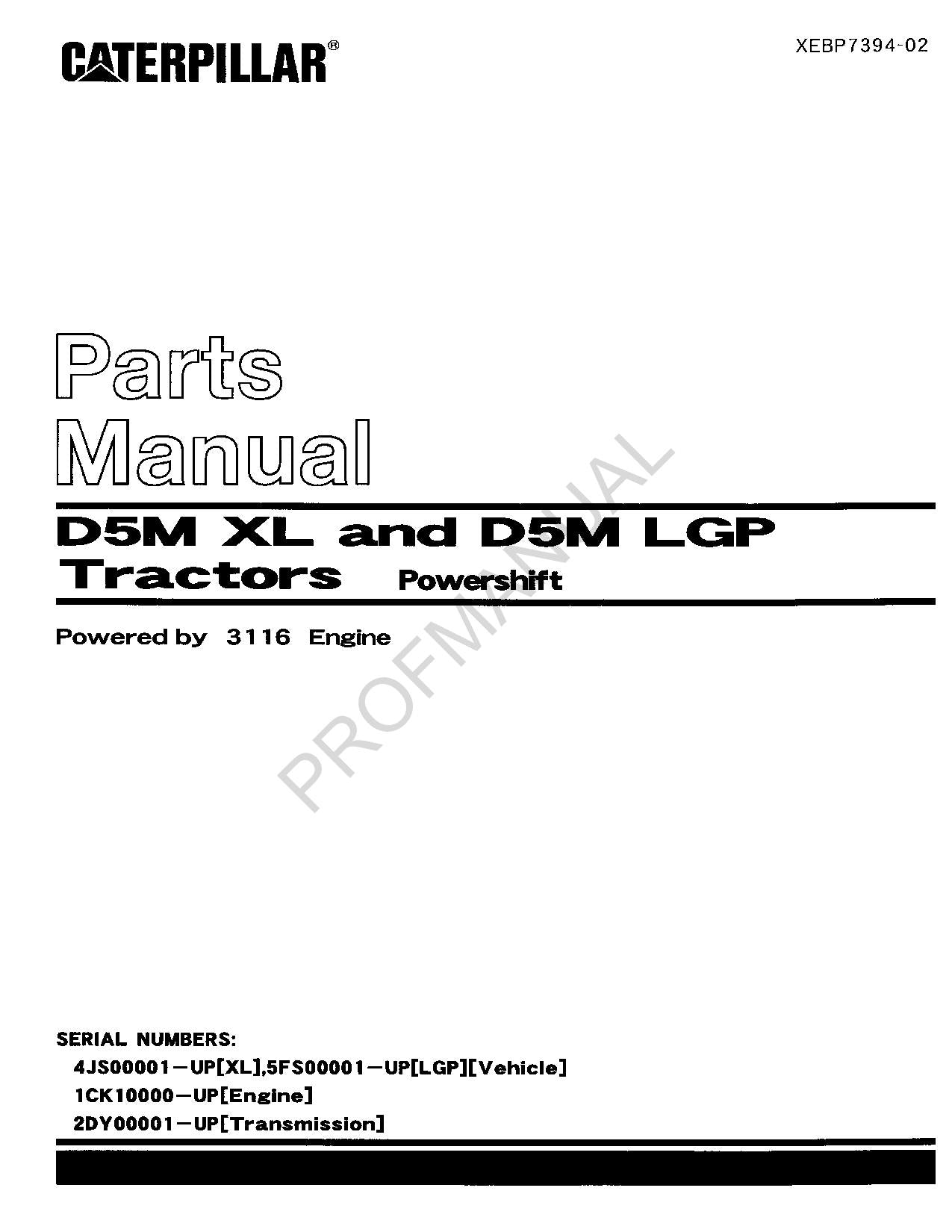 Caterpillar Cat D5M XL D5M LGP Tractor Powershift Parts Catalog Manual XEBP7394