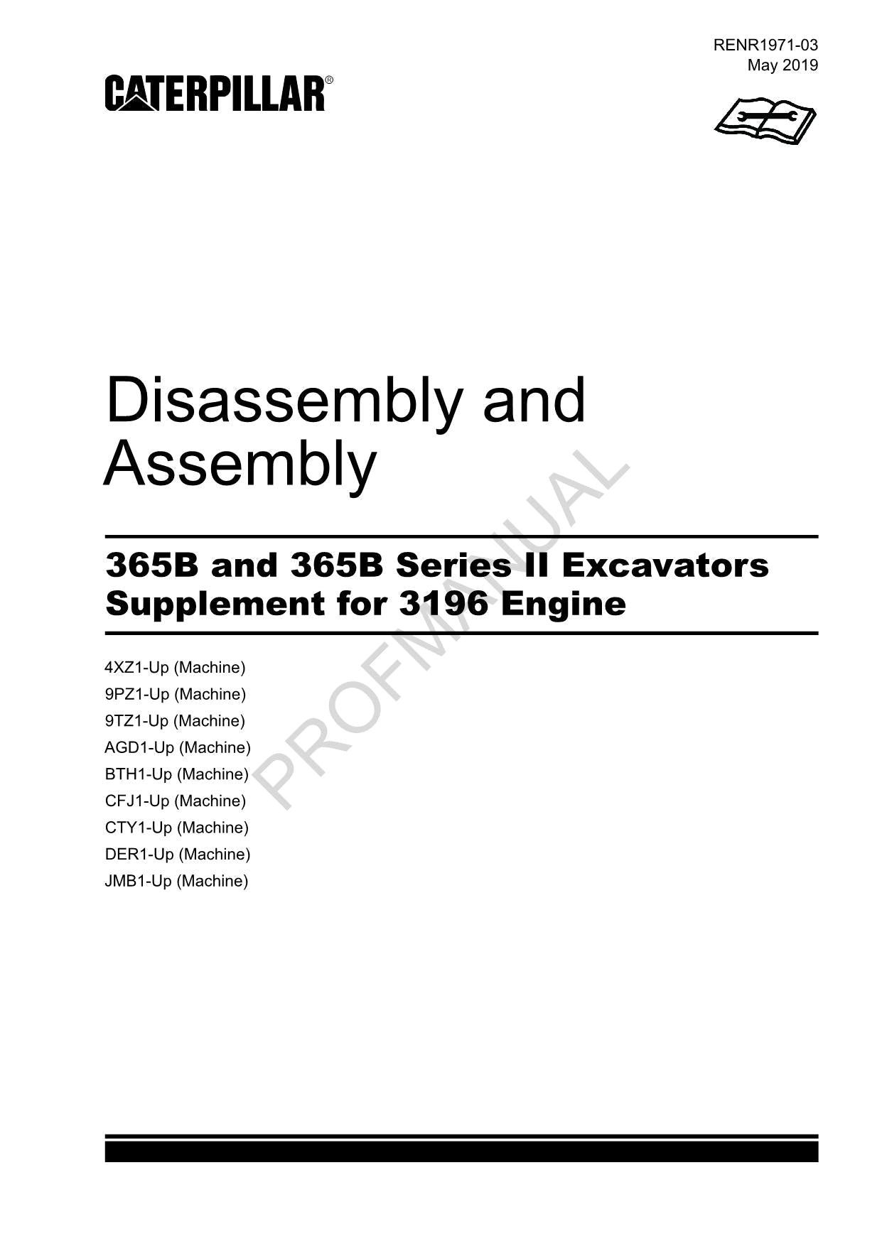Caterpillar 365B 365B Series 2 EXCAVATOR Suppl 3196 Engine Disassem Assem Manual