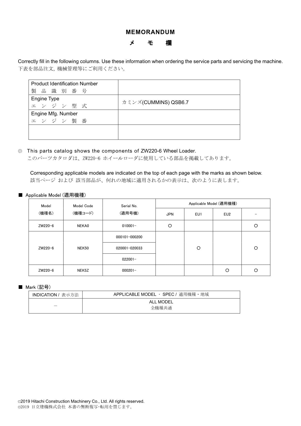 Hitachi ZW220-6 Wheel Loader Parts Catalog Manual
