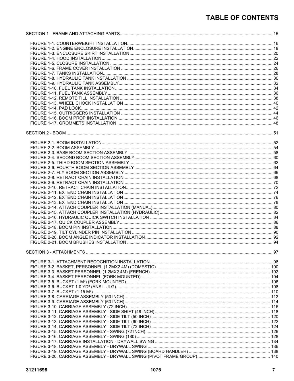 JLG 1075 Telehandler Parts Catalog Manual
