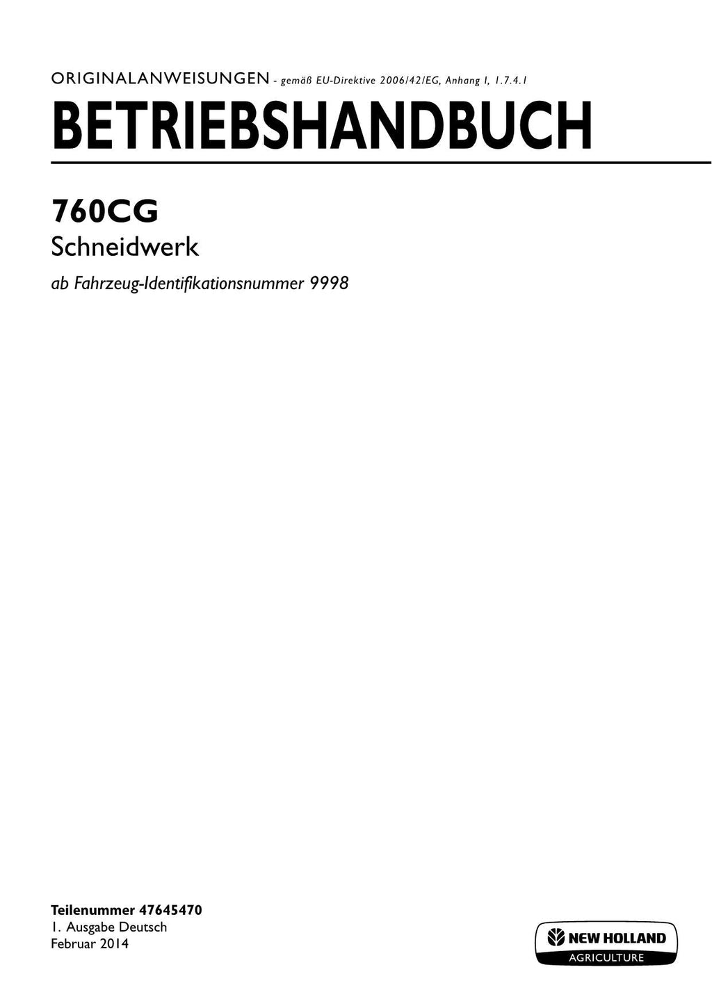 New Holland 760CG Schneidwerk Betriebsanleitung Ab 9998