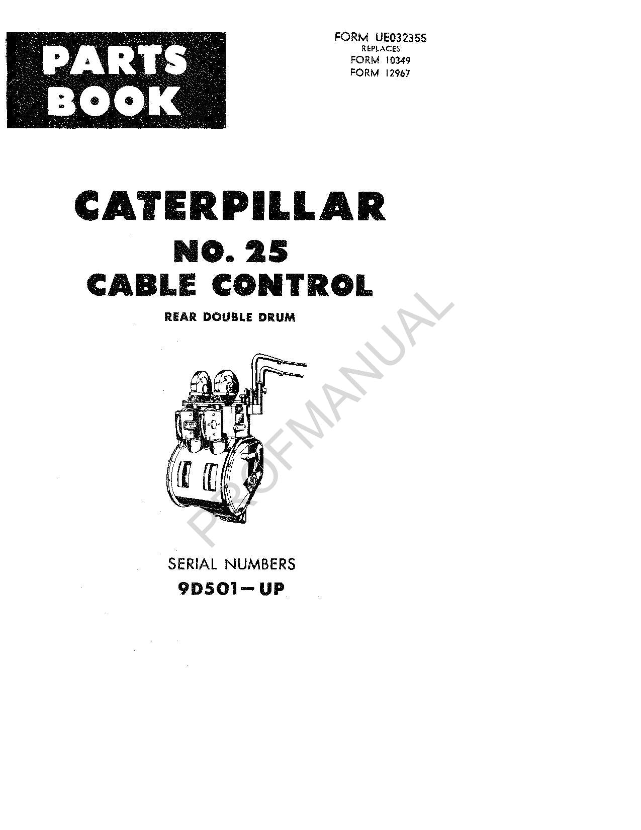Caterpillar No. 25 Cable Control for 9D Tractor Parts Catalog Manual 9D501-Up