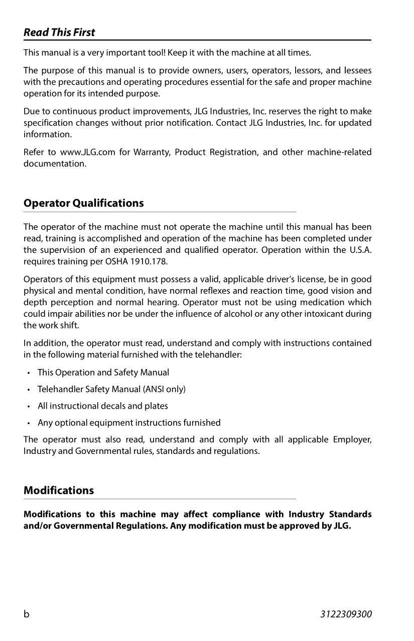 Manual del operador de mantenimiento y operación del manipulador telescópico JLG E313