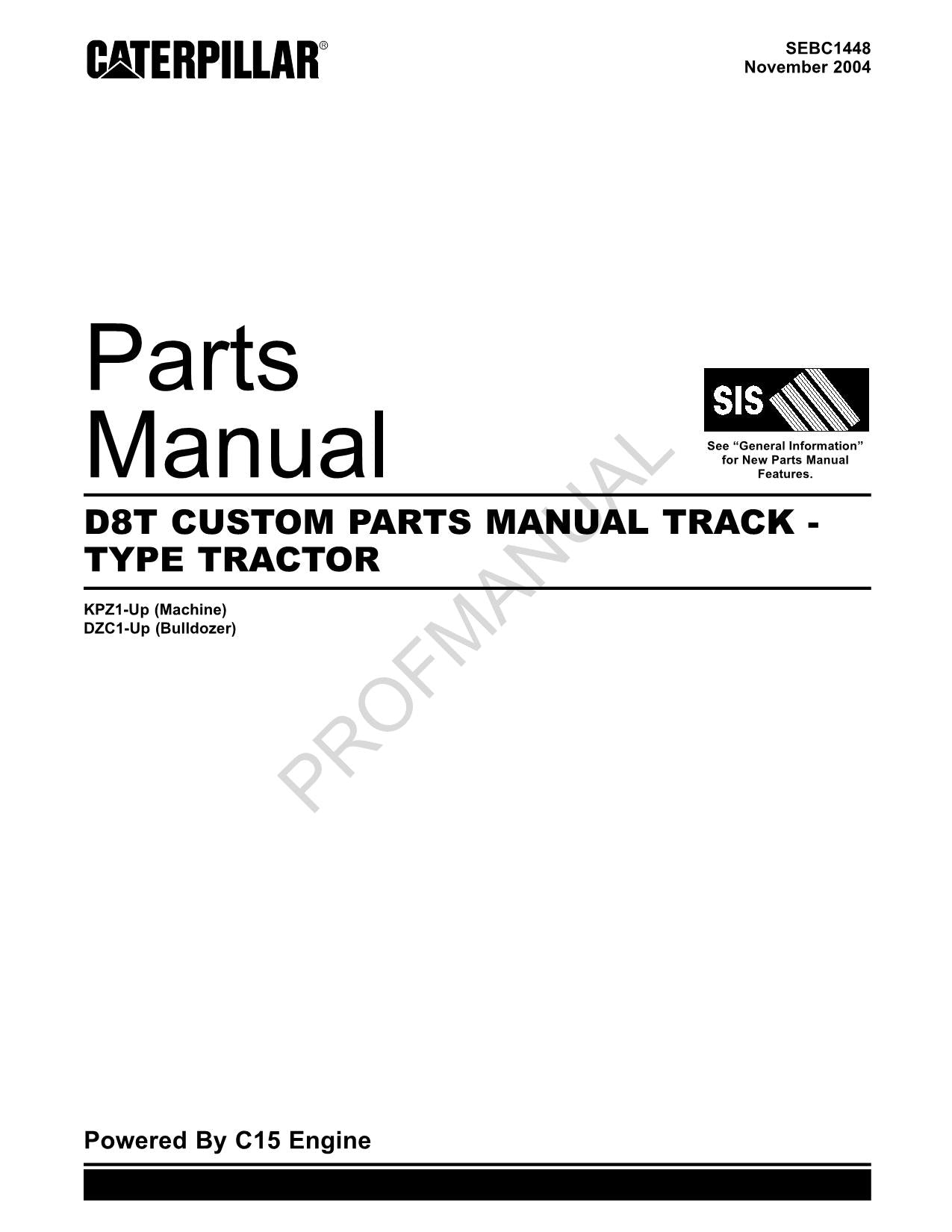 Caterpillar Cat D8T Track Type Tractor CUSTOM Parts Catalog Manual SEBC1448