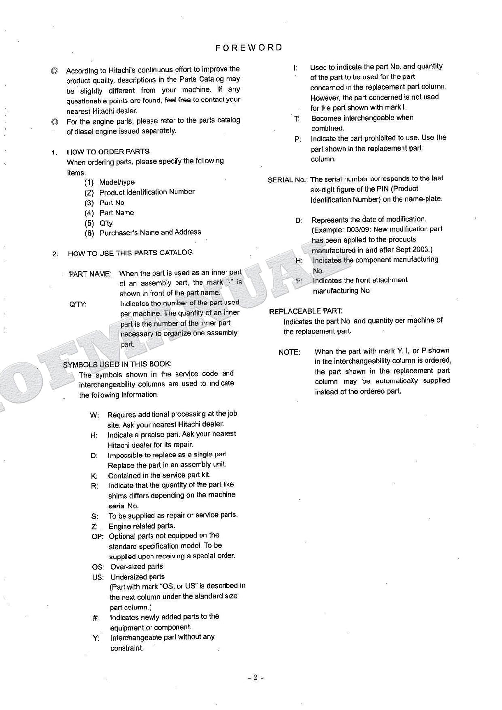 HITACHI ZAXIS ZX135USL Forestry Spec Excavator Parts Catalog Manual
