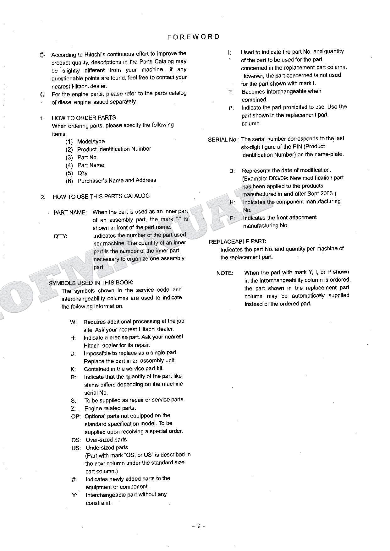 HITACHI ZAXIS ZX135USL Forestry Spec Excavator Parts Catalog Manual
