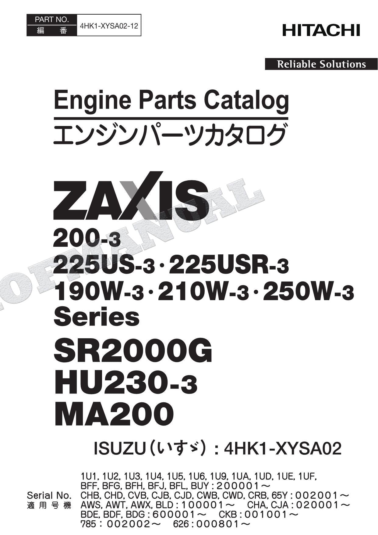 HITACHI 210W-3 250W-3 SR2000G HU230-3 MA200 ISUZU Engine Parts Catalog Manual