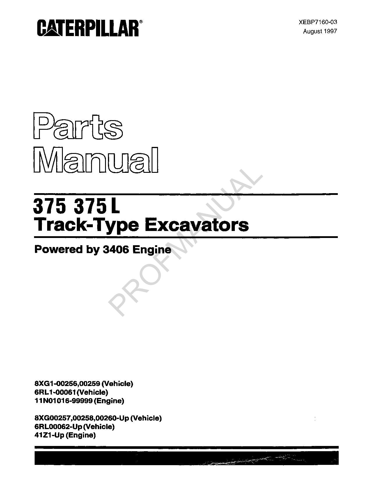 Caterpillar Cat 375 375L Track Type Excavator Parts Catalog Manual XEBP7160