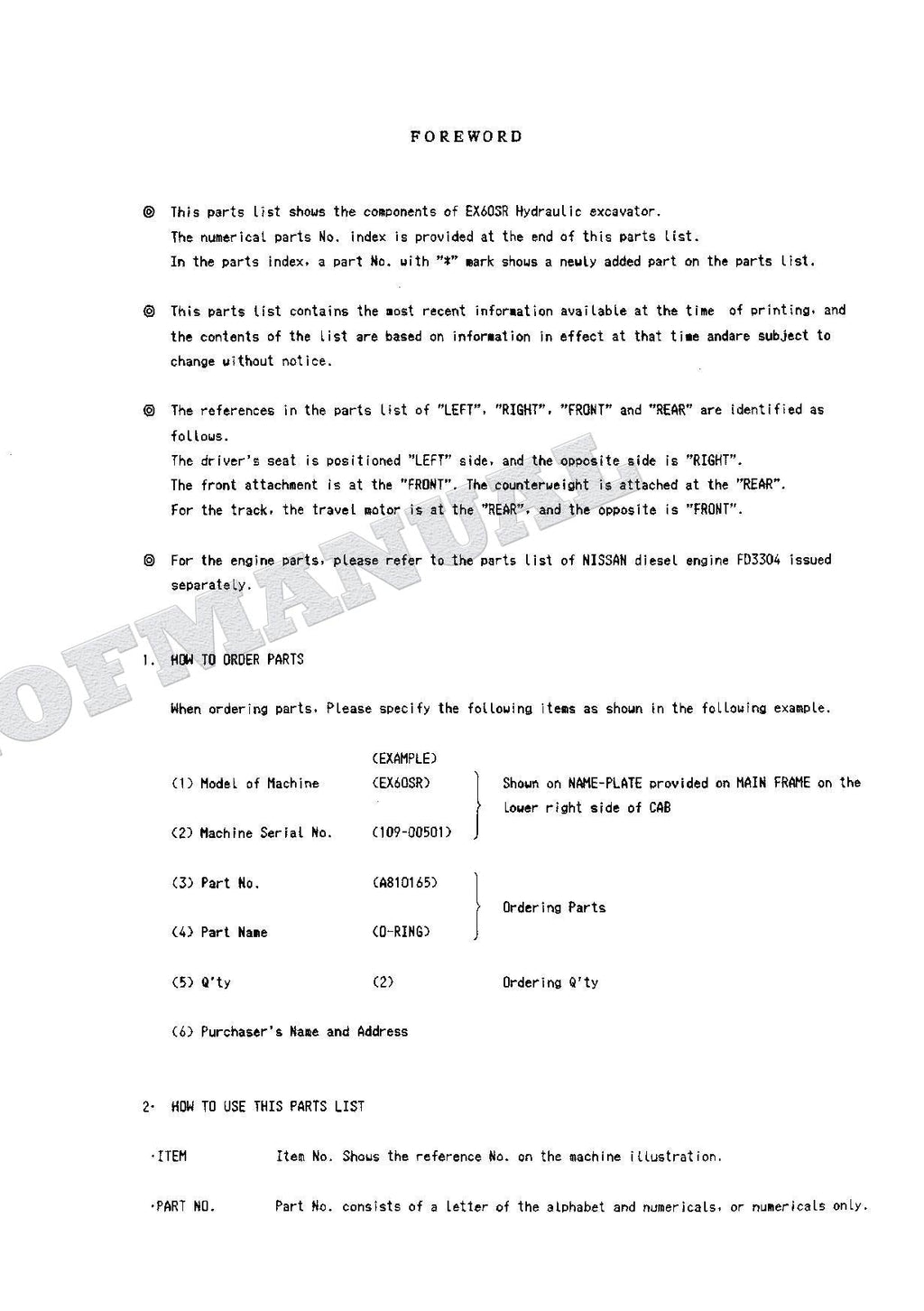 HITACHI EX60SR Excavator Parts Catalog Manual SN 00501-
