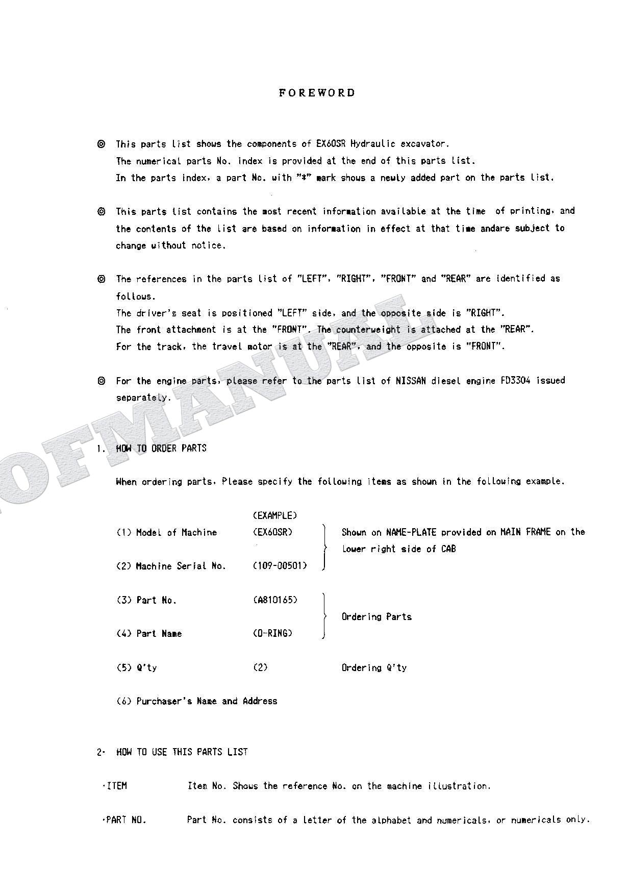 HITACHI EX60SR Excavator Parts Catalog Manual SN 00501-