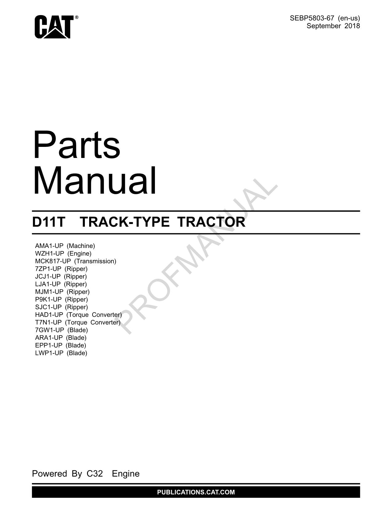 Caterpillar Cat D11T Track Type Tractor Parts Catalog Manual SEBP5803