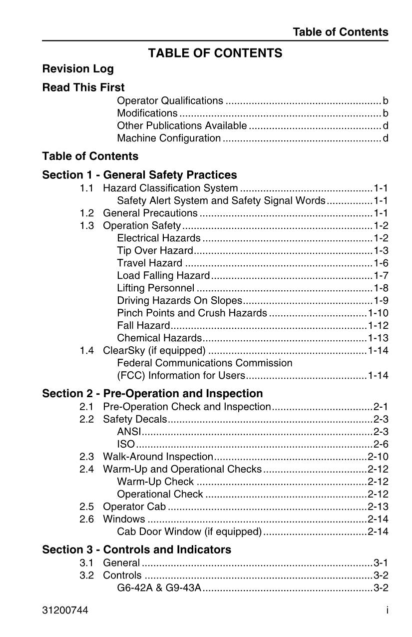 Manual del operador de mantenimiento y operación del manipulador telescópico JLG G10-43A G6-42A G9-43A