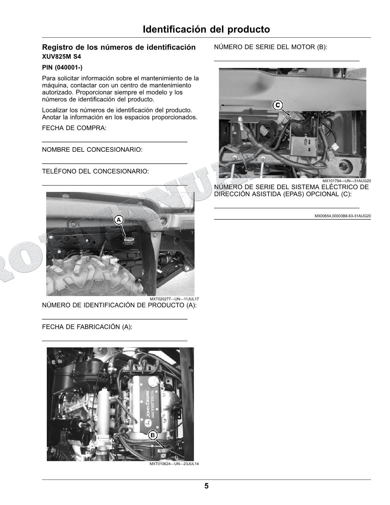 John Deere XUV825M S4 cocodrilo Manual del Operador Español SN 050001-070000