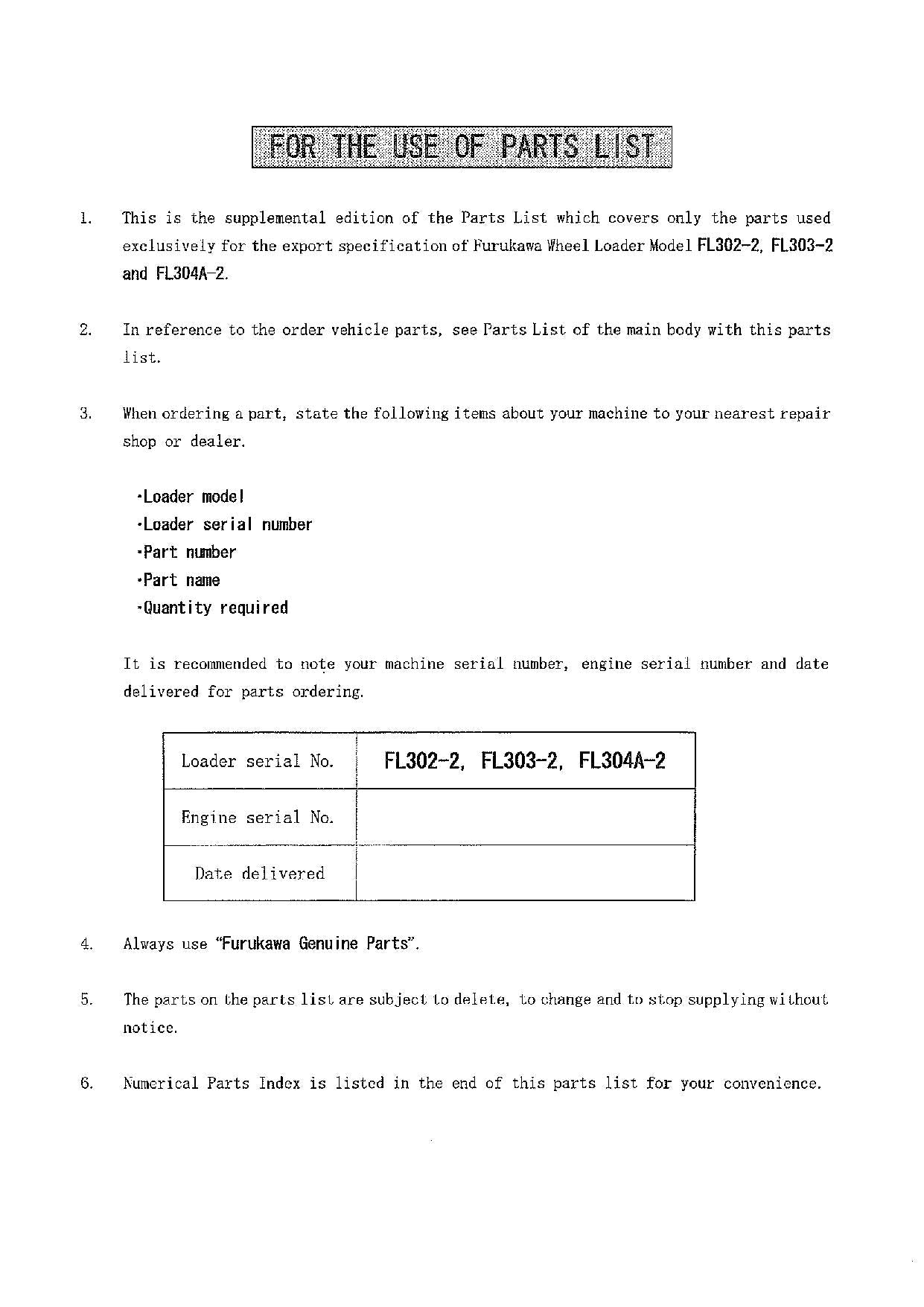 Hitachi FL302-2 FL303-2 FL304A-2 SUPP. EXPORT Wheel Loader Parts Catalog Manual
