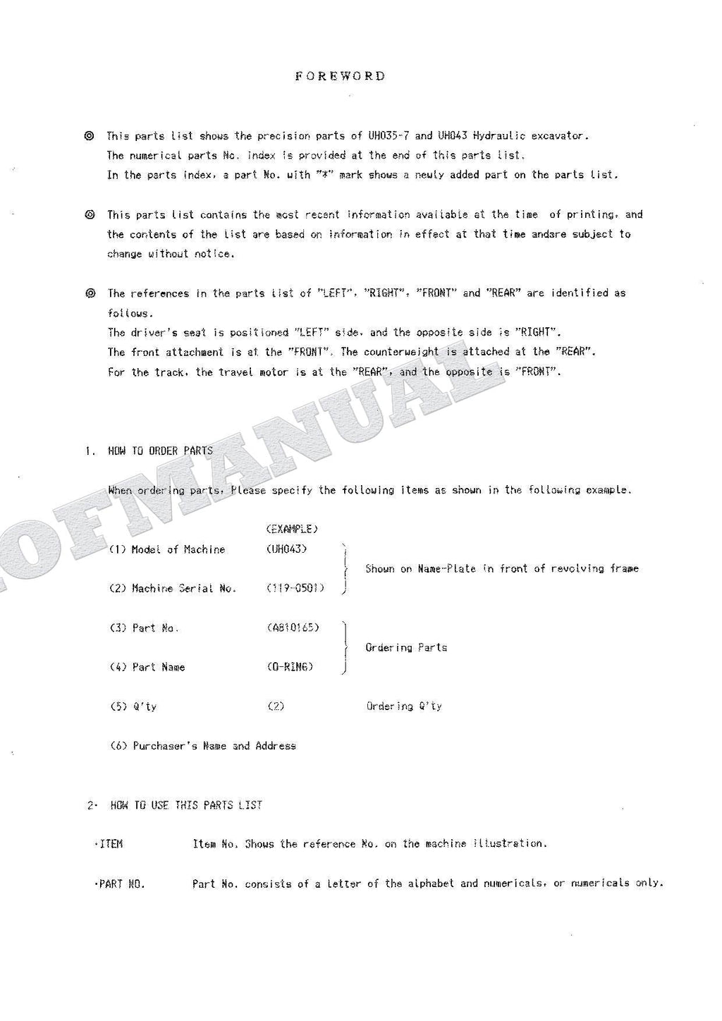 HITACHI UH035-7 UH043 Equipment Component Excavator Parts Catalog Manual