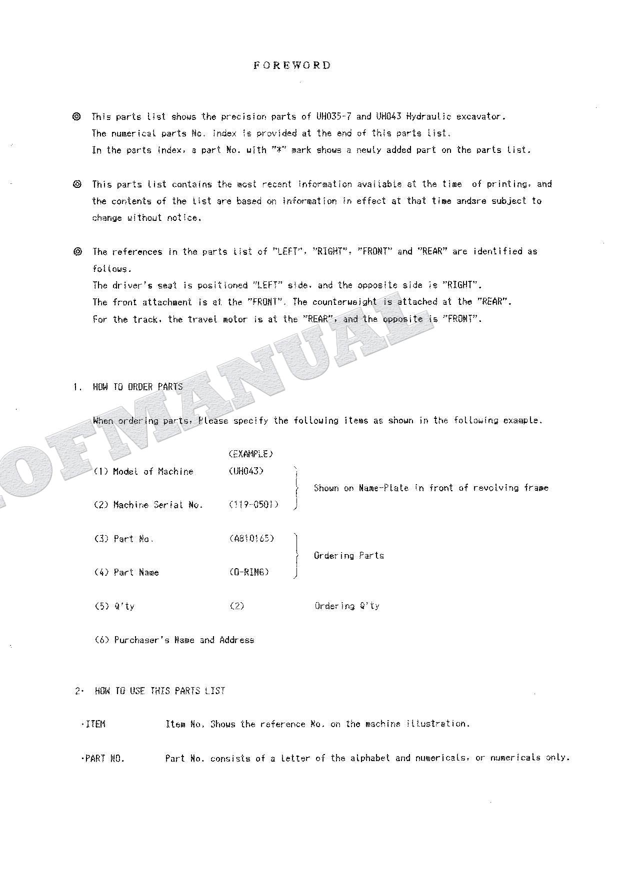 HITACHI UH035-7 UH043 Equipment Component Excavator Parts Catalog Manual