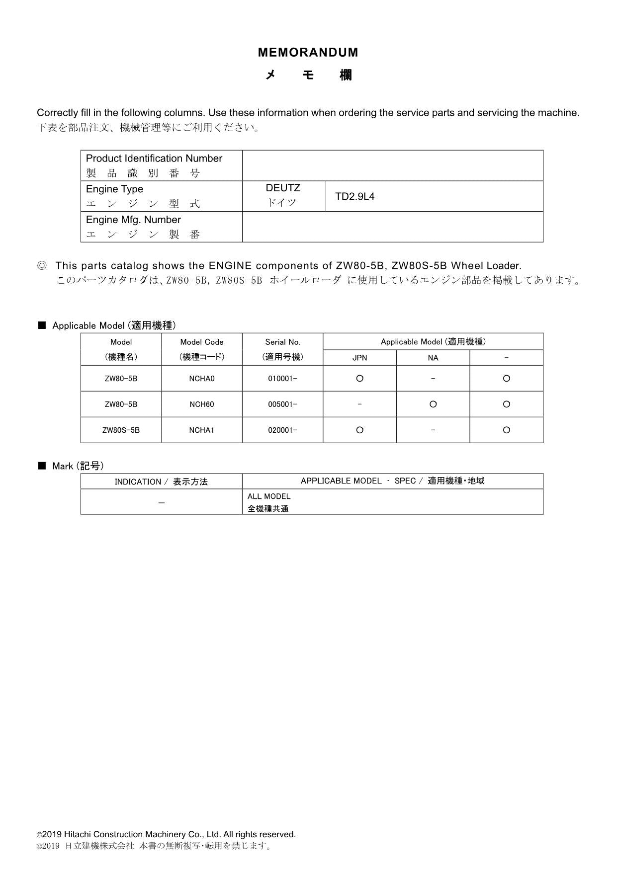 Hitachi ZW80-5B ZW80S-5B TD2.9L4 Engine Loader Parts Catalog Manual PNCH-EG1-3