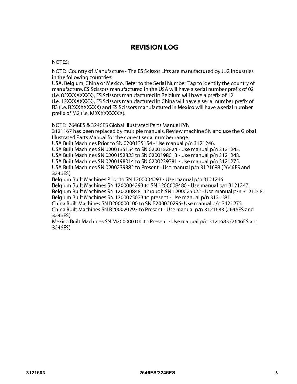 JLG 2646ES 3246ES Scissor Lift Parts Catalog Manual 3121683