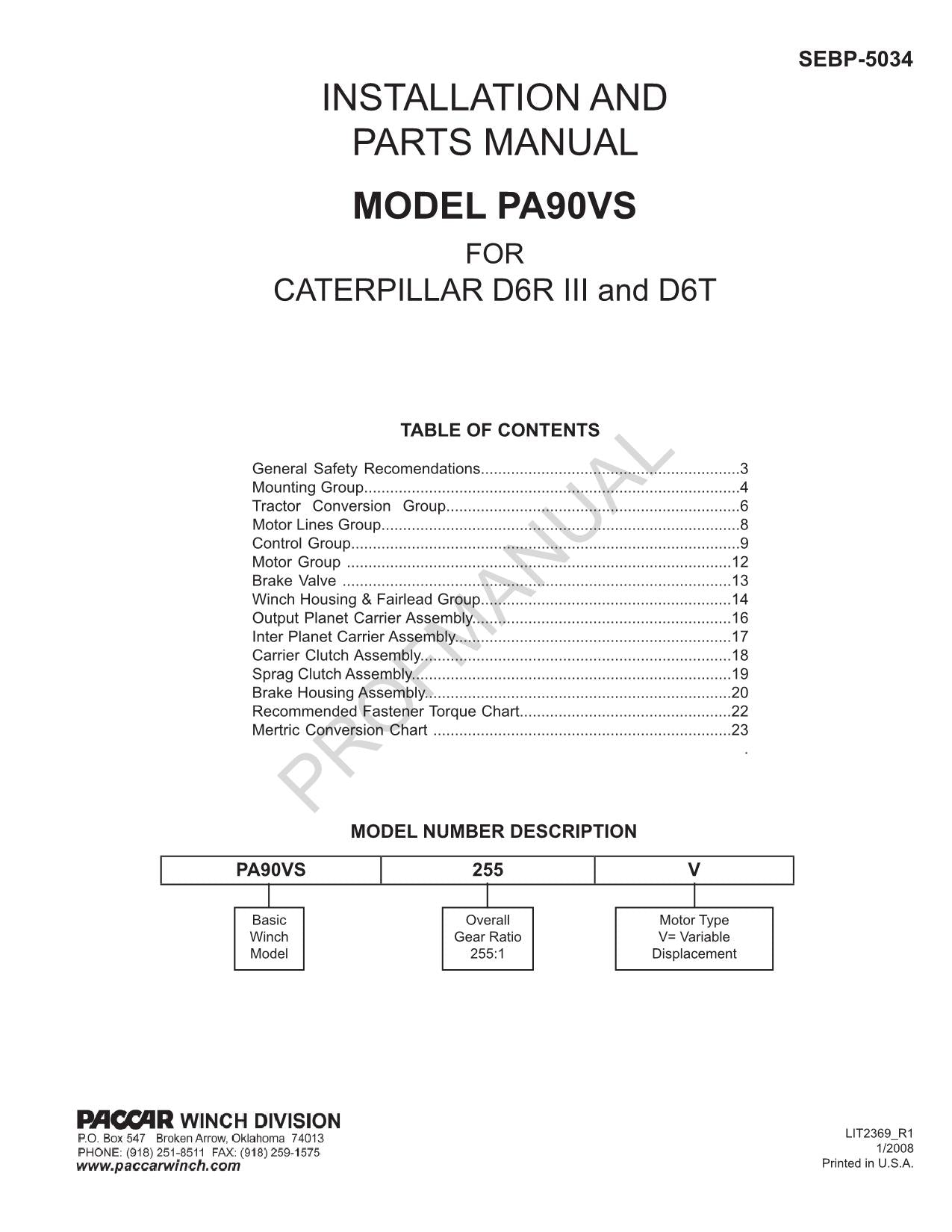 Caterpillar Cat PA90VS Installation D6R III D6T Parts Catalog Manual SEBP5034