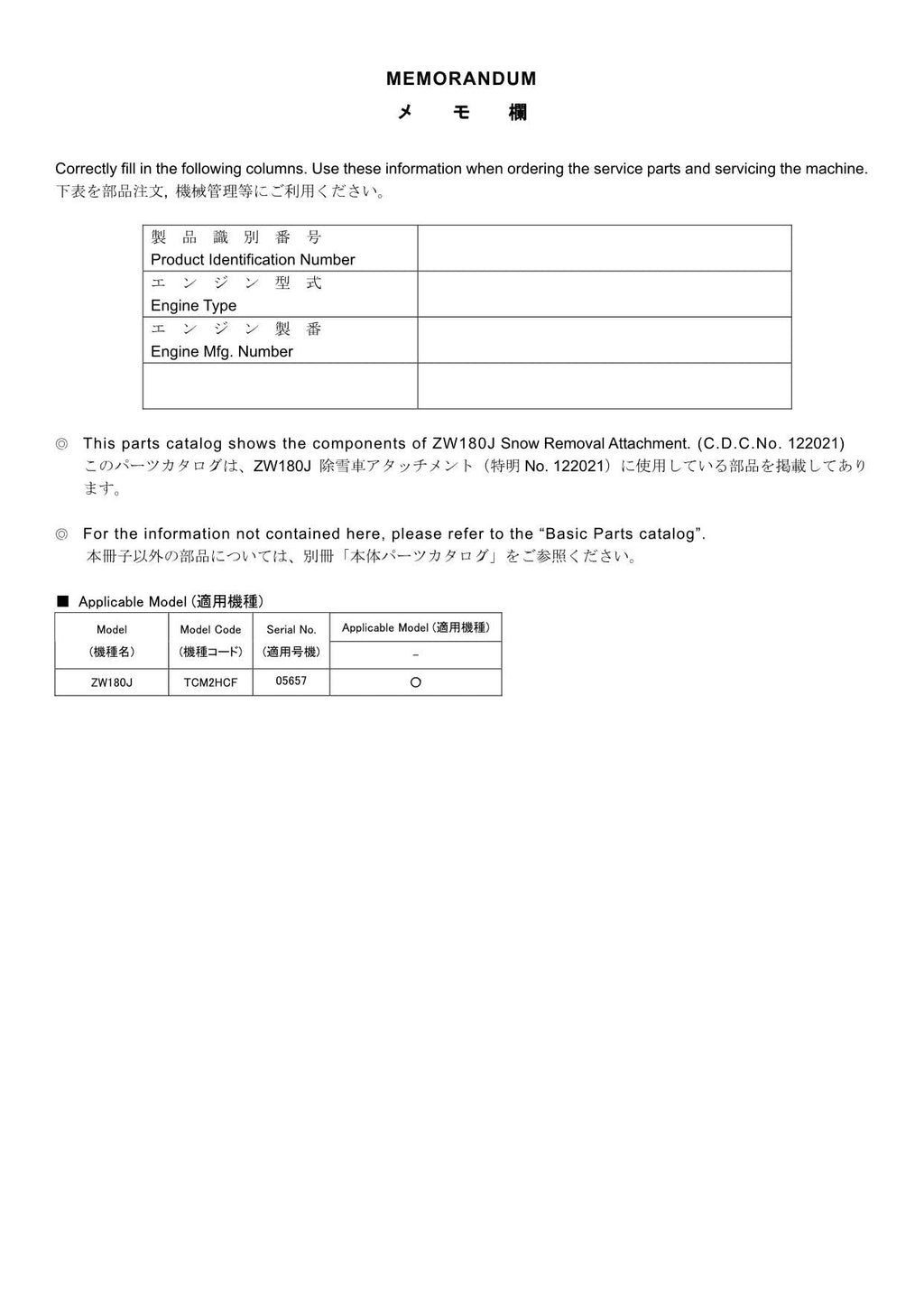 Hitachi ZW180J No.122021 Wheel Loader Parts Catalog Manual SN 05657