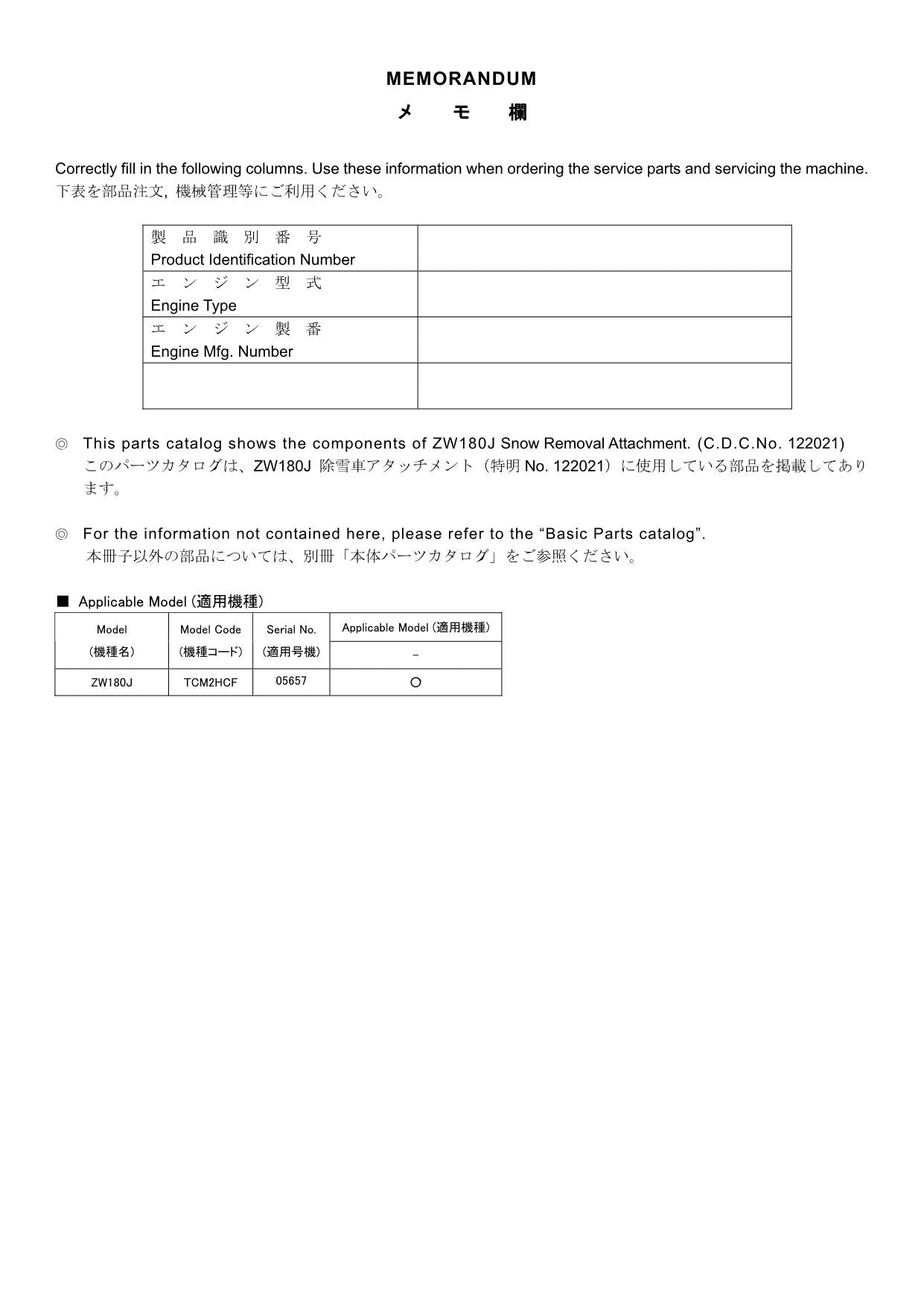 Hitachi ZW180J No.122021 Wheel Loader Parts Catalog Manual SN 05657
