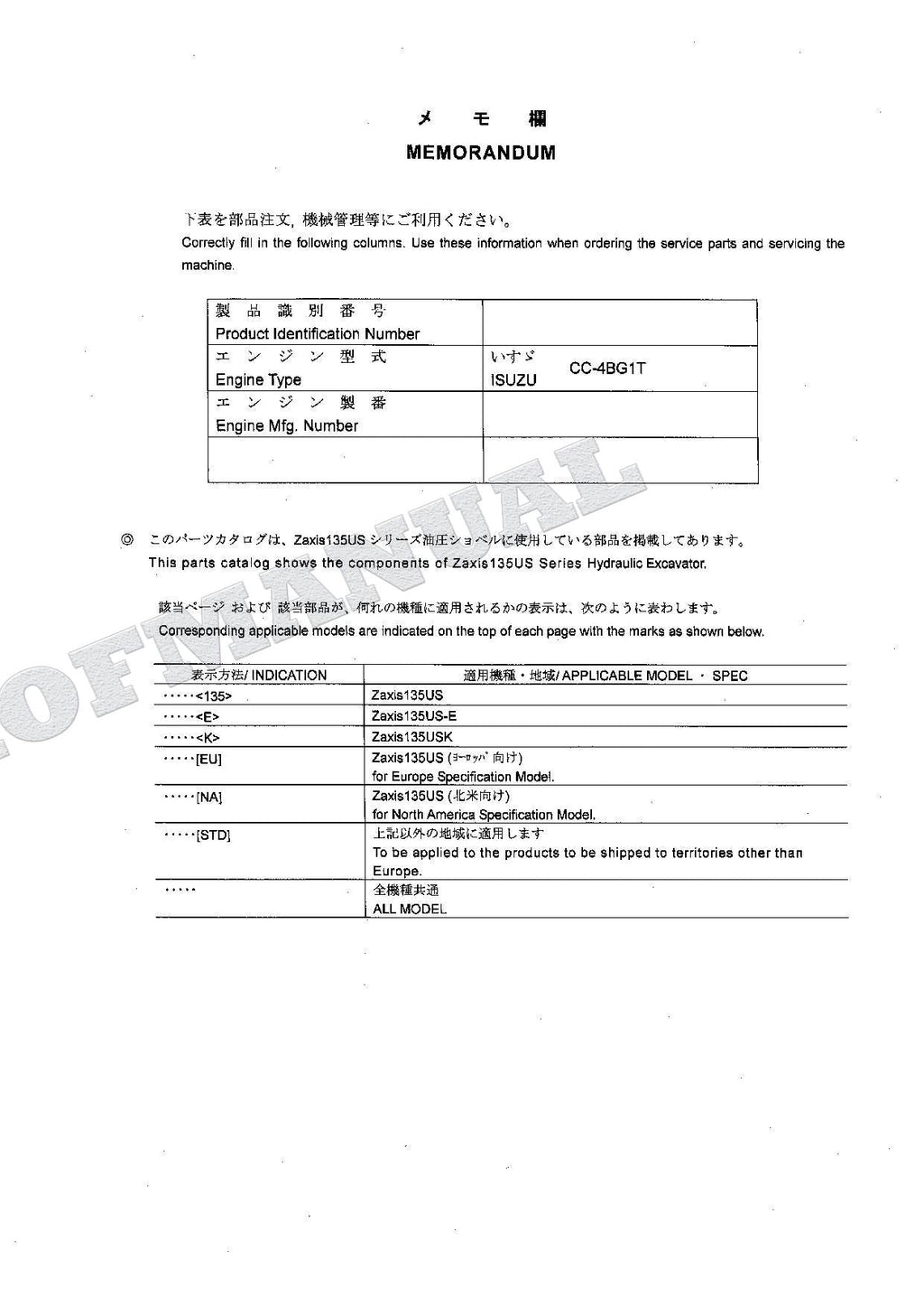 HITACHI ZAXIS ZX135US ZX135US-E ZX135USK Excavator Parts Catalog Manual