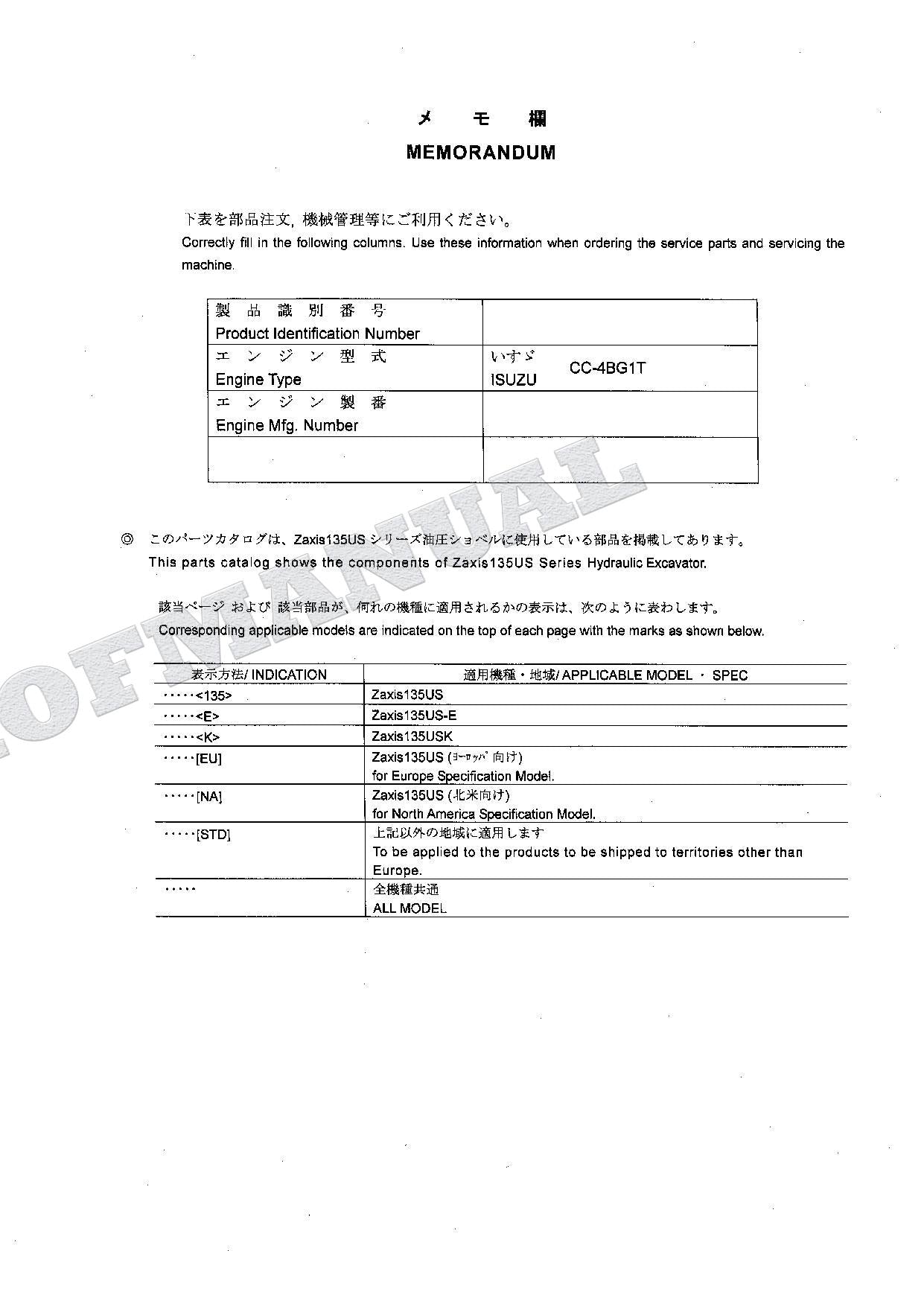 HITACHI ZAXIS ZX135US ZX135US-E ZX135USK Excavator Parts Catalog Manual