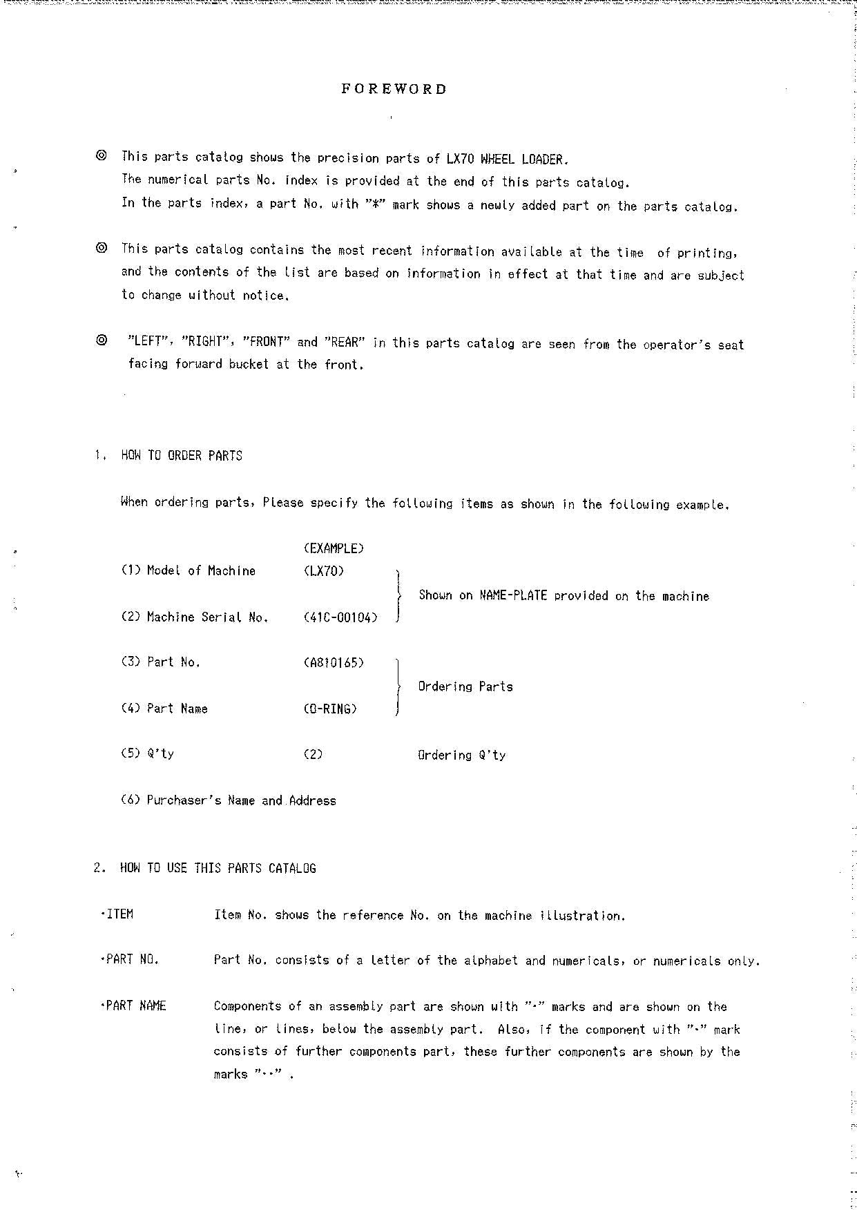 Hitachi LX70 Wheel Loader Equipment Component Parts Catalog Manual SN 00104-up